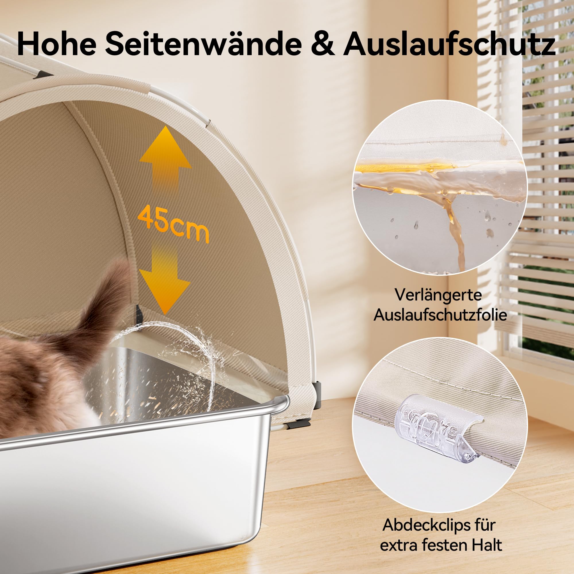 MeoWant Arenero Gato Acero Inoxidable 85L,Gato Acero Inoxidable con Tapa,Auslaufsicher,Antihaftbeschichtet,Geruchlos,con Pala y Tapete de Doble Capa, para Gatos Grandes