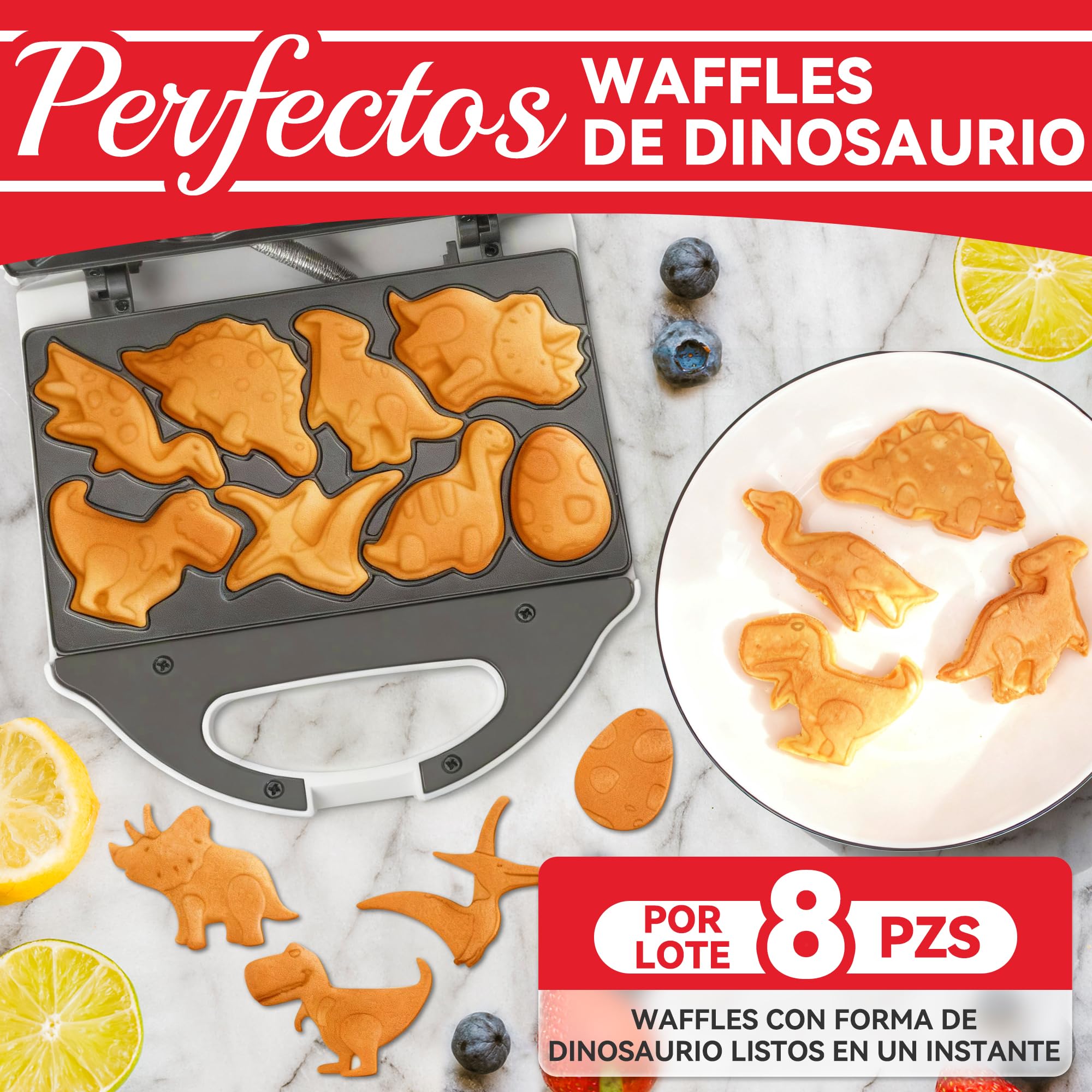 SugarWhisk Gofrera Mini, Waflera Pequeña, Mini Waflera, Mini Waffle Maker Con 8 Diseños De Dinosaurios Diferentes, Que a Los Niños Les Gusta, Blanca