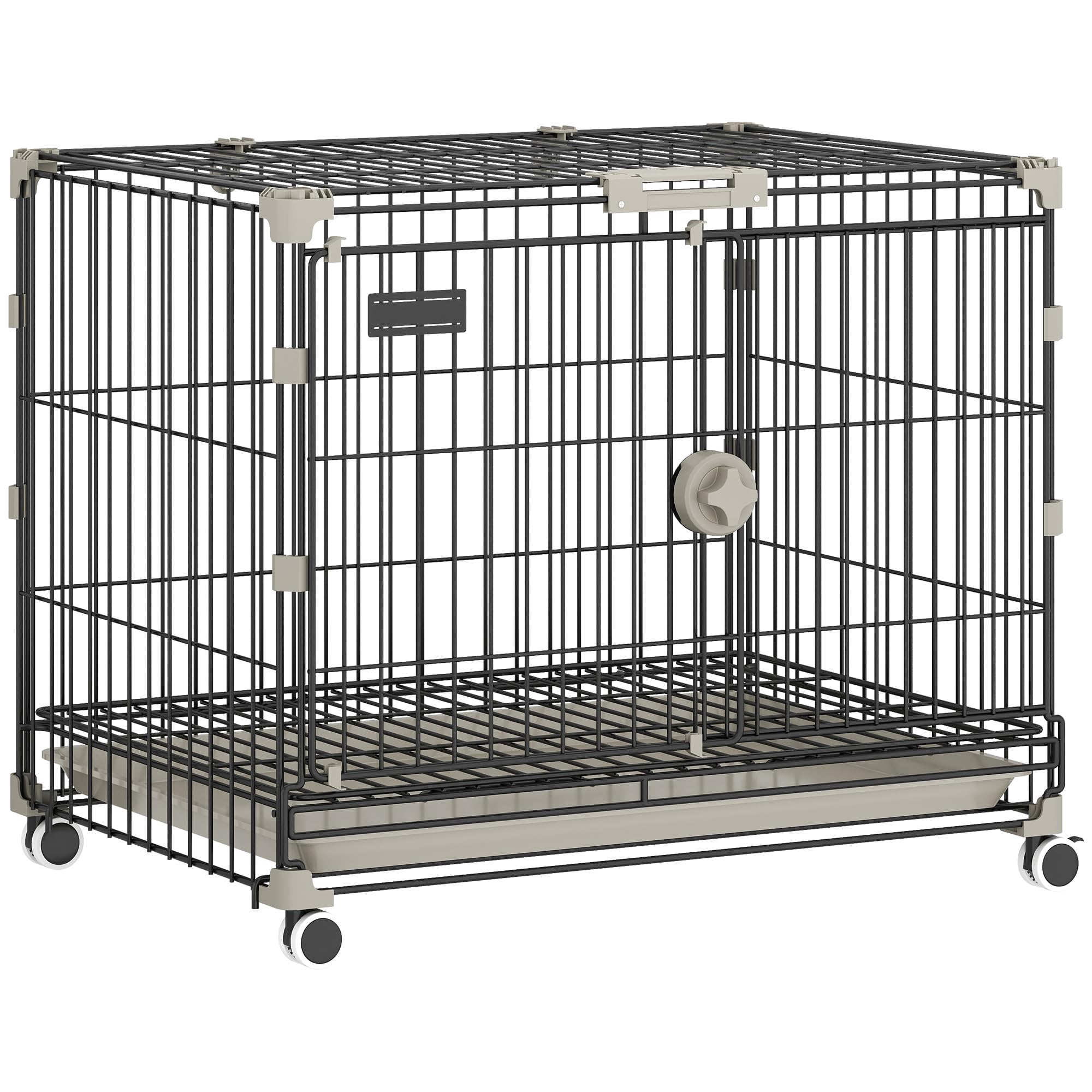PawHut - Folding Dog Crate, Removable Tray, Wheels with Brakes, Sliding Roof, Feeding Door, Interior Niche for Small and Medium Dogs (60.5 x 45.5 x 54.5 cm, Black)