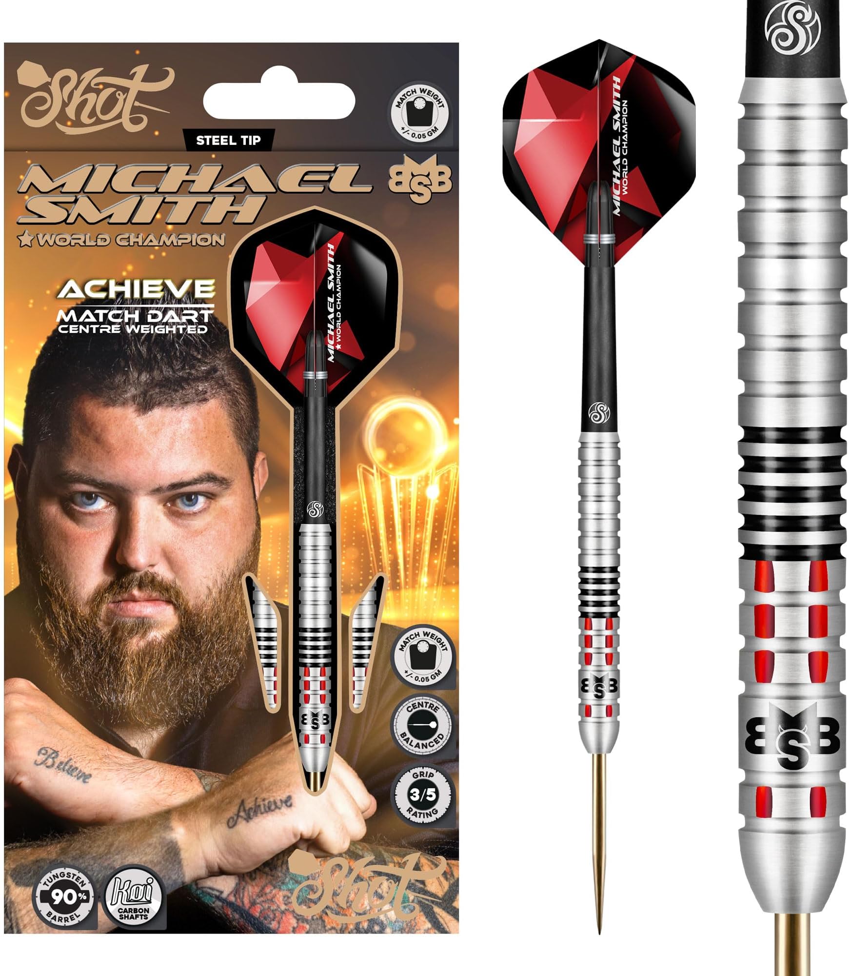 Darts Michael Smith Achieve Center Weighted 90% Tungsten Pro Throwing Darts Steel Tip Set Professional Made in New Zealand Designed Dart Flights for Women & Men Metal Tip Bar Darts for Adults