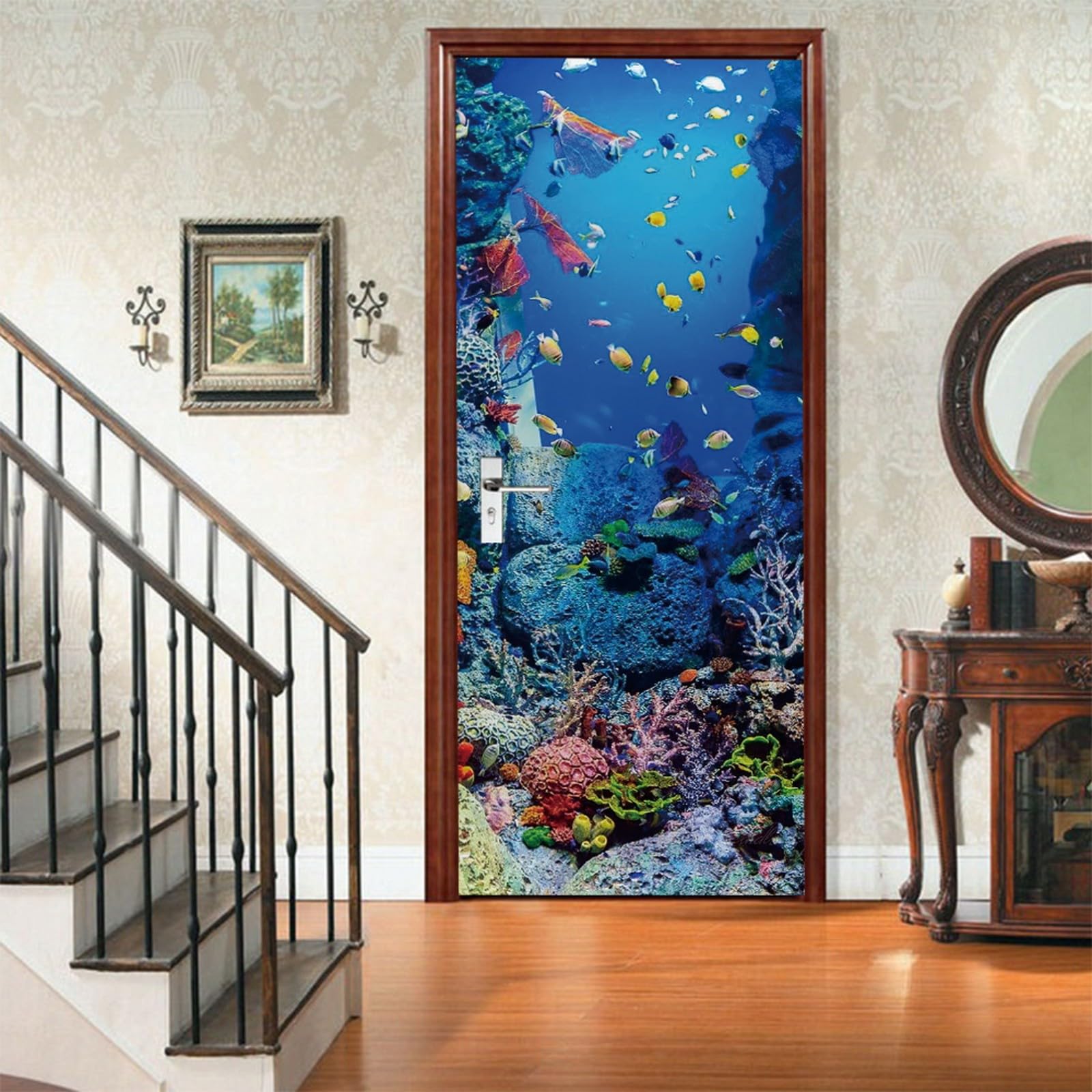 A.Monamour Adesivo Porta Autoadesiva 3D Barriera Corallina Di Pesci Sottomarini Sotto Il Tema Nautico Del Mare Vinile PVC Adesivi per Porte Interne Pellicola Adesiva Poster Murale Parete 85x200cm