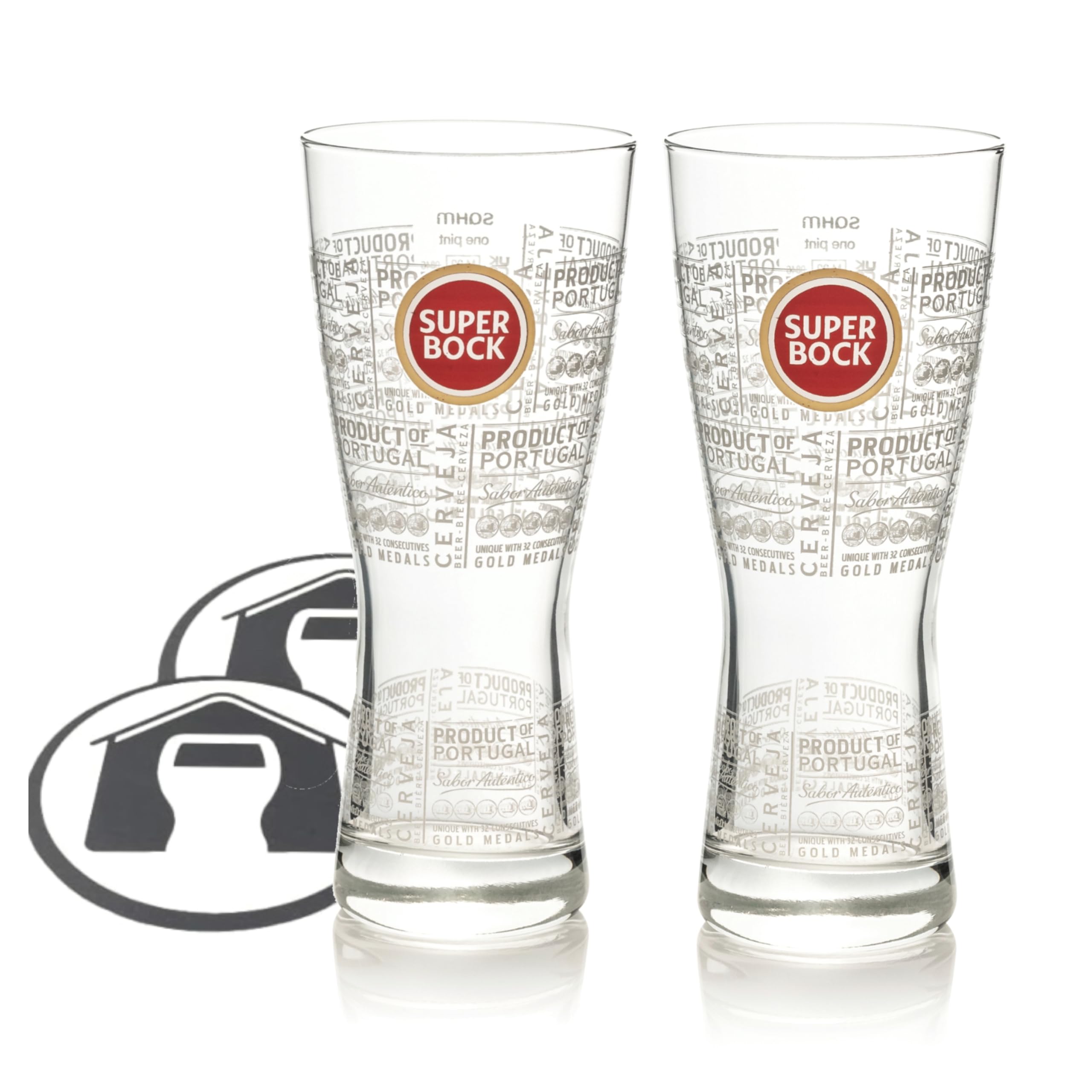 GarageBar | Super Bock Pint Beer Glass | Nucleated | Pint to Brim | Official Merchandise | Comes with 2X Beer Drip Mats | 2 Glasses