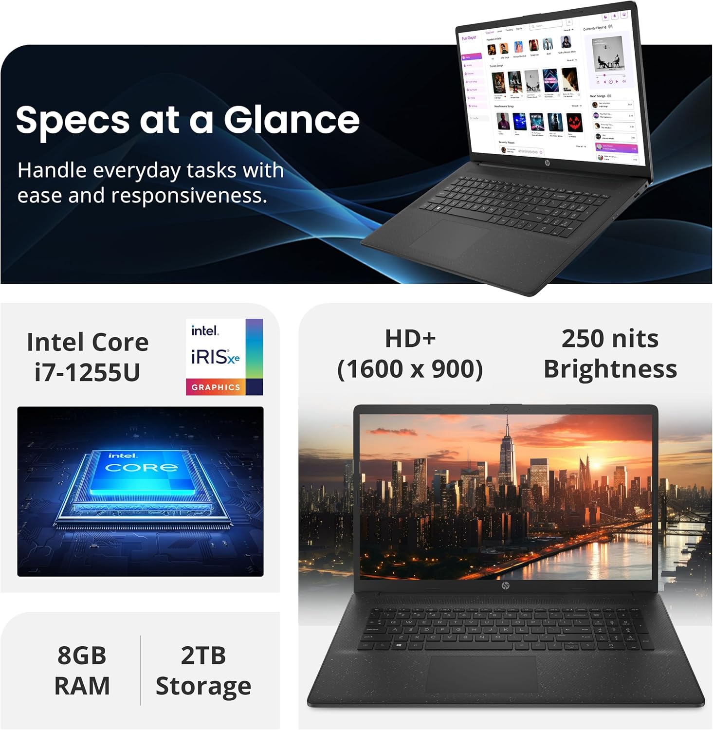 HP 17.3" HD+ Business Laptop, Intel Core i7-1255U, Iris Xe Graphics, 8GB RAM, 2TB Storage (1TB PCIe SSD&1TB Docking Station Set), ‎Full Size Keyboard, 720p HD Camera, HDMI, Win 11 Pro, Black