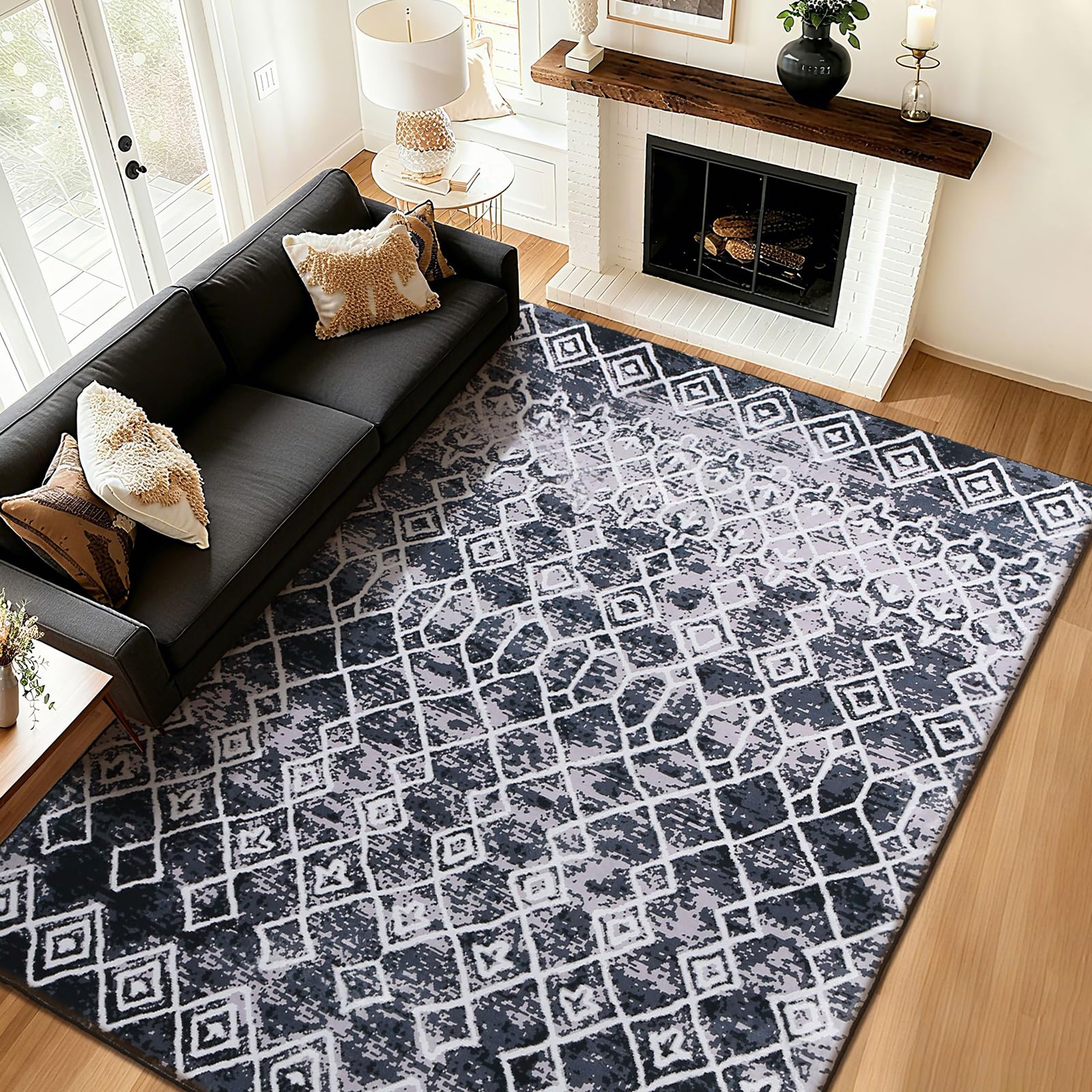 Washable Rugs for Living Room Non-Slip Area Rugs Modern Abstract Carpet Soft Short Pile Rugs for Bedroom Home Decor (Black/Grey, 200 x 250 cm)
