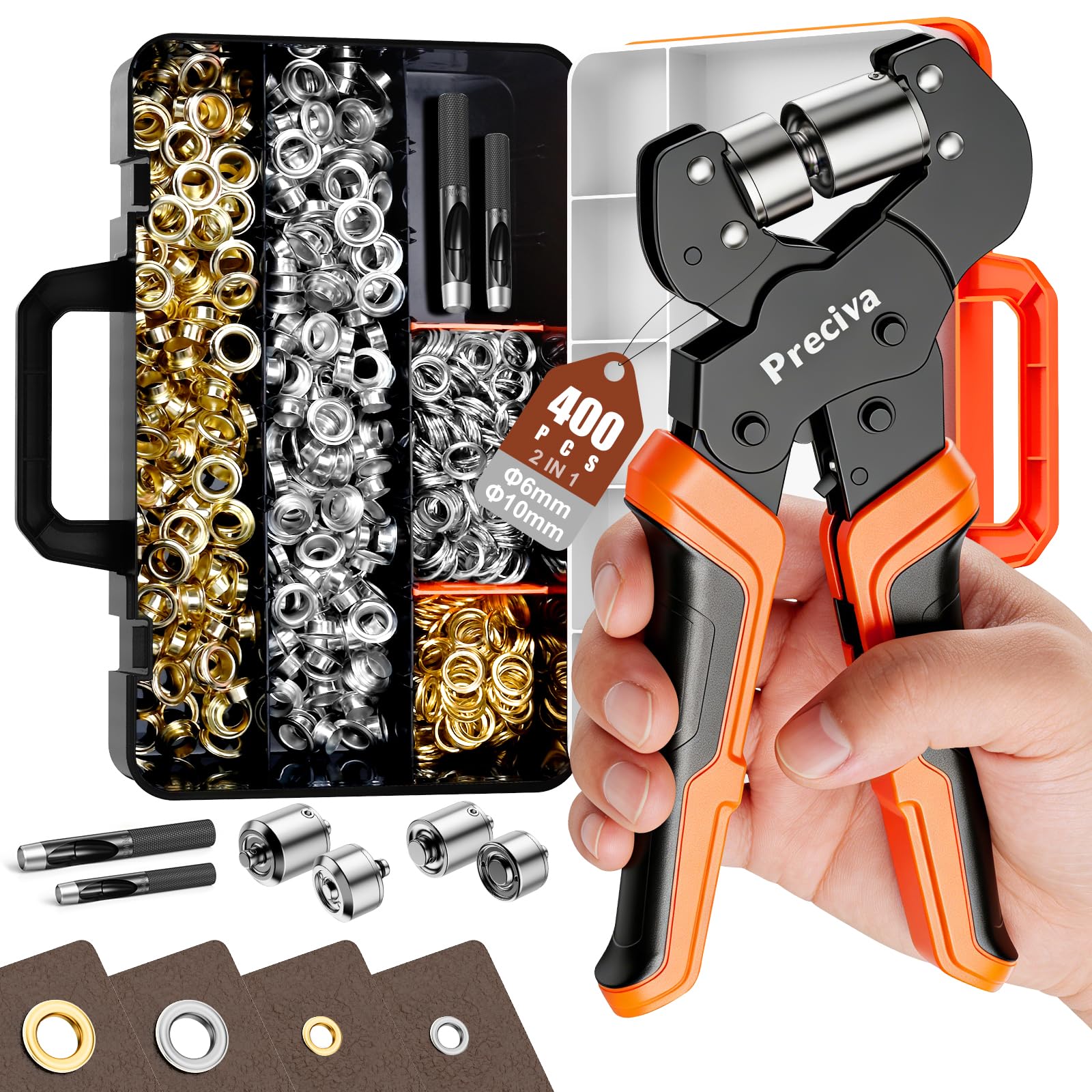Preciva Eyelet Punch Kit, 6+10mm Grommet Tool Kit, Hole Punching Tool and Storage Box, 400pcs Rust-Resistant Eyelets（Gold/Silver), Magnetic Jaws for Canvas, Leather, Tarps, Fabric, etc