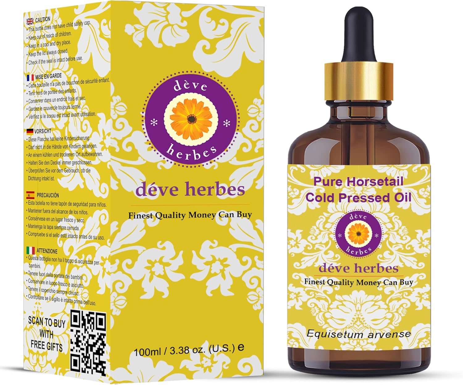 Deve Herbes Horsetail Oil (Equisetum arvense) with Glass Dropper | Cold Pressed | Pure | for Diluting Essential Oils | Hair, Skin & Massage | Non-Sticky | Lightweight | Unisex | 100ml (3.38 oz)