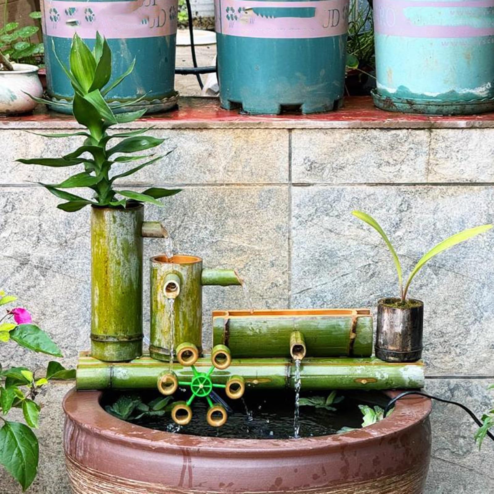 Fontana d'acqua in bambù con pompa, cascata da giardino, decorazione per interni ed esterni zen