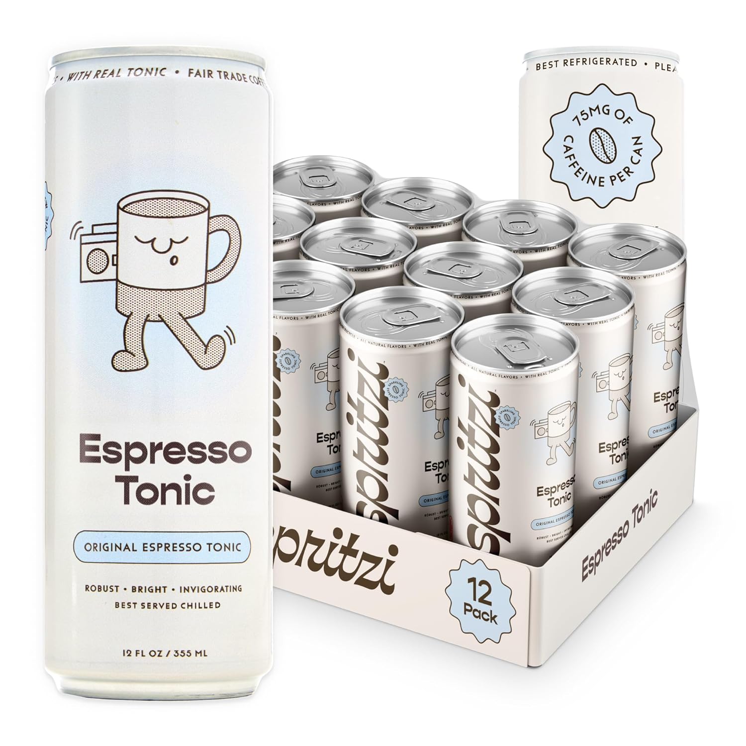 Spritzi Original - Sparkling Espresso Tonic - 75mg Caffeine, 45 Cal, Fair Trade Coffee, Naturally Sweetened, Refreshing Energy Alternative - Canned Coffee Drinks (12 Fl Oz x 12 Pack)