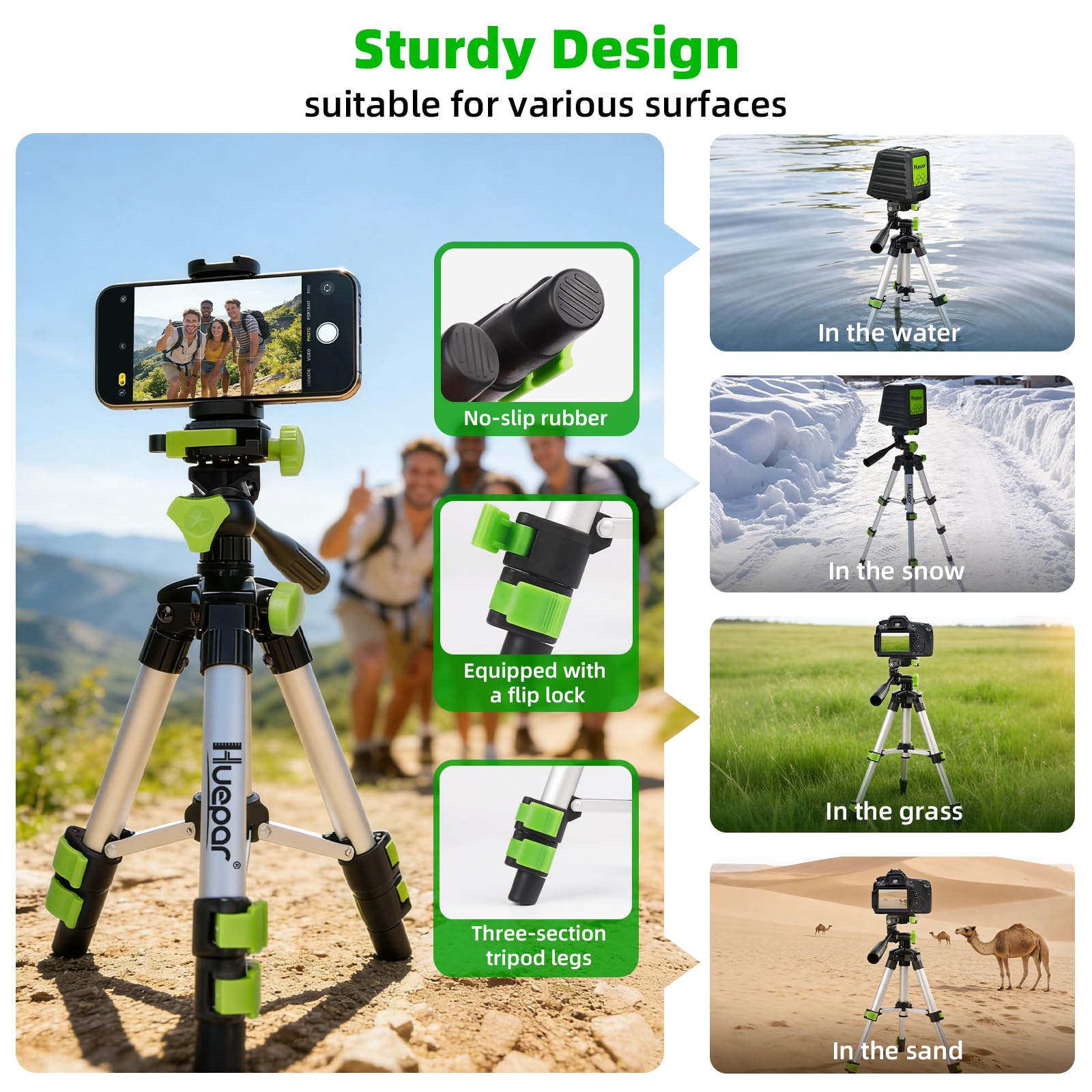 Huepar Trípode Aluminio 50cm para Nivel Láser y Smartphone, Equipado con una Cabeza panorámica de 3 vías, Nivel de Burbuja, Rosca 1/4"-20, Soporte para Móvil y Bolsa de Transporte,TPD05A1