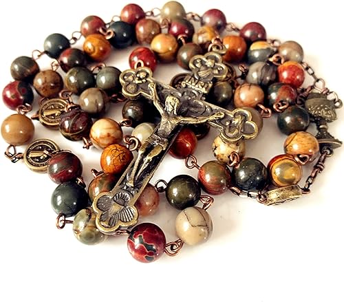 elegantmedical Collar de cruz de regalo de rosario católico hecho a mano con 5 cuentas de piedra picasso para la primera comunión, elegantmedical