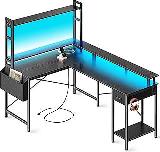 Huuger L Shaped Desk Gaming Desk with LED Lights & Power Outlets, Computer Desk with Storage Shelves, Corner Desk Home Office Desks for Bedroom, Black