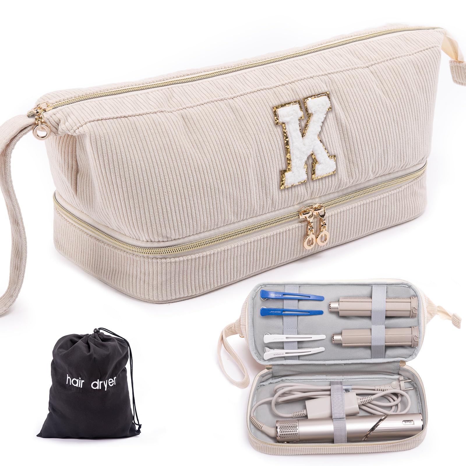 ELCUPA Initial Personalized Hair Dryer Case,Double-Layer Hair Tools Travel Carrying Case for Shark FlexStyle with Hair Dryer Bag- Hair Air Wrap Dryer