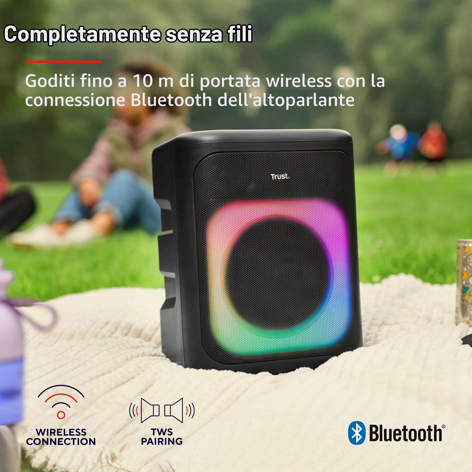 Trust Azura Cassa Bluetooth Portatile 100W per Feste, Altoparlante Bluetooth LED RGB Wireless Party Speaker Intemperie IPX4, Batteria Ricaricabile 11 Ore, 2 Ingressi per Microfono Karaoke - Nero