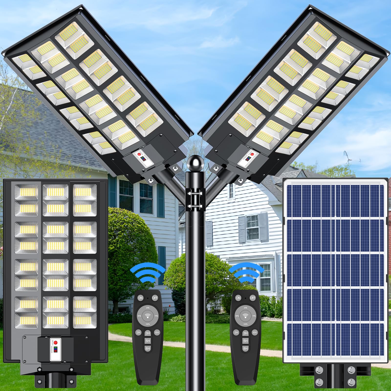 TENKOO Solar Street Lights Outdoor 4800W Solar Parking Lot Lights 2 Pack, 215000 Lumens LED Wide Angle Lamp with Motion Sensor Street Lights IP67 Waterproof Commercial Lighting for Yard, Pathway