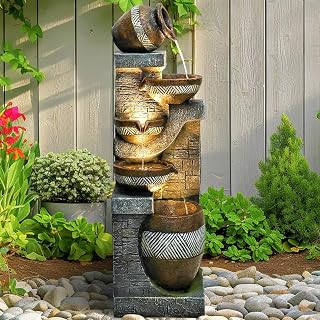 SunJet 5-Tier 42.5in Cascading Resin Water Fountain with LED Lights - Indoor/Outdoor Patio Deck Garden Decor
