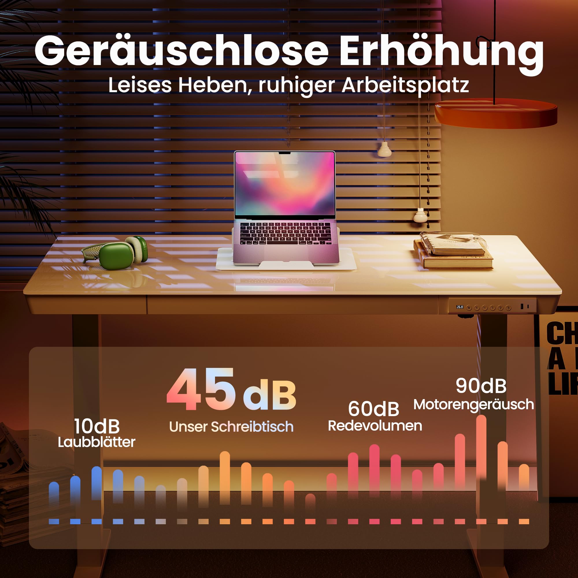 HUANUO 88 x 50 cm Glas Höhenverstellbarer Schreibtisch mit Schublade, Höhenverstellbarer Schreibtisch Ganze Tischplatte, USB-Aufladeanschluss und 3 Memory-Funktion, Weiß