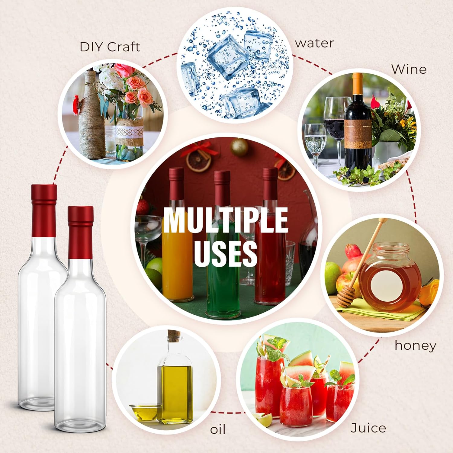 25pcs 300ml Plastic Wine Bottles with Screw Lid and Shrink Capsules Caps Seals, Empty Clear Long Neck Bottles for Christmas Homemade Drinks Gift Coquito Vanilla Extract Limoncello (Red)