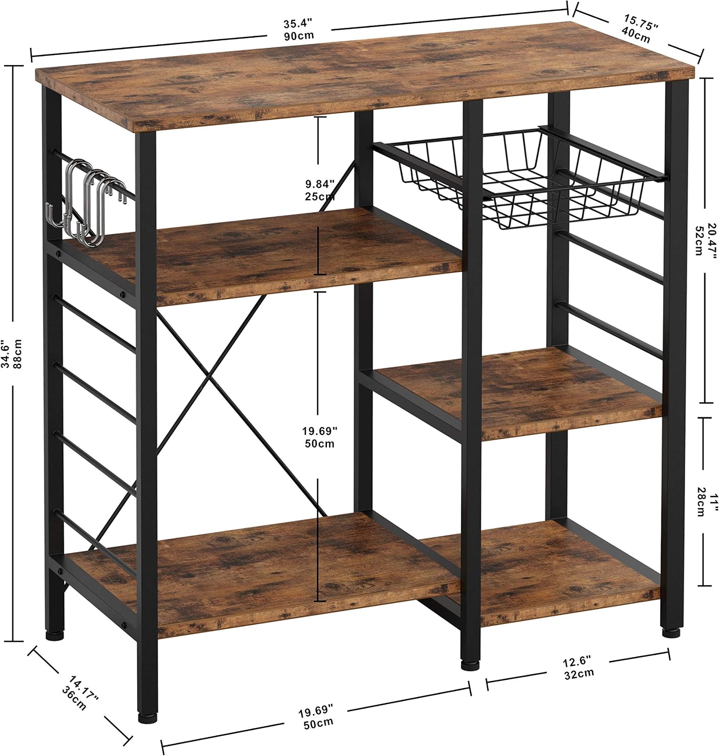 IRONCK Industrial Kitchen Baker’s Rack, Kitchen Island Utility Storage Shelf, Coffee Bar Microwave Stand with 6 Hooks, Metal Frame, Simple Assembly, Vintage Brown