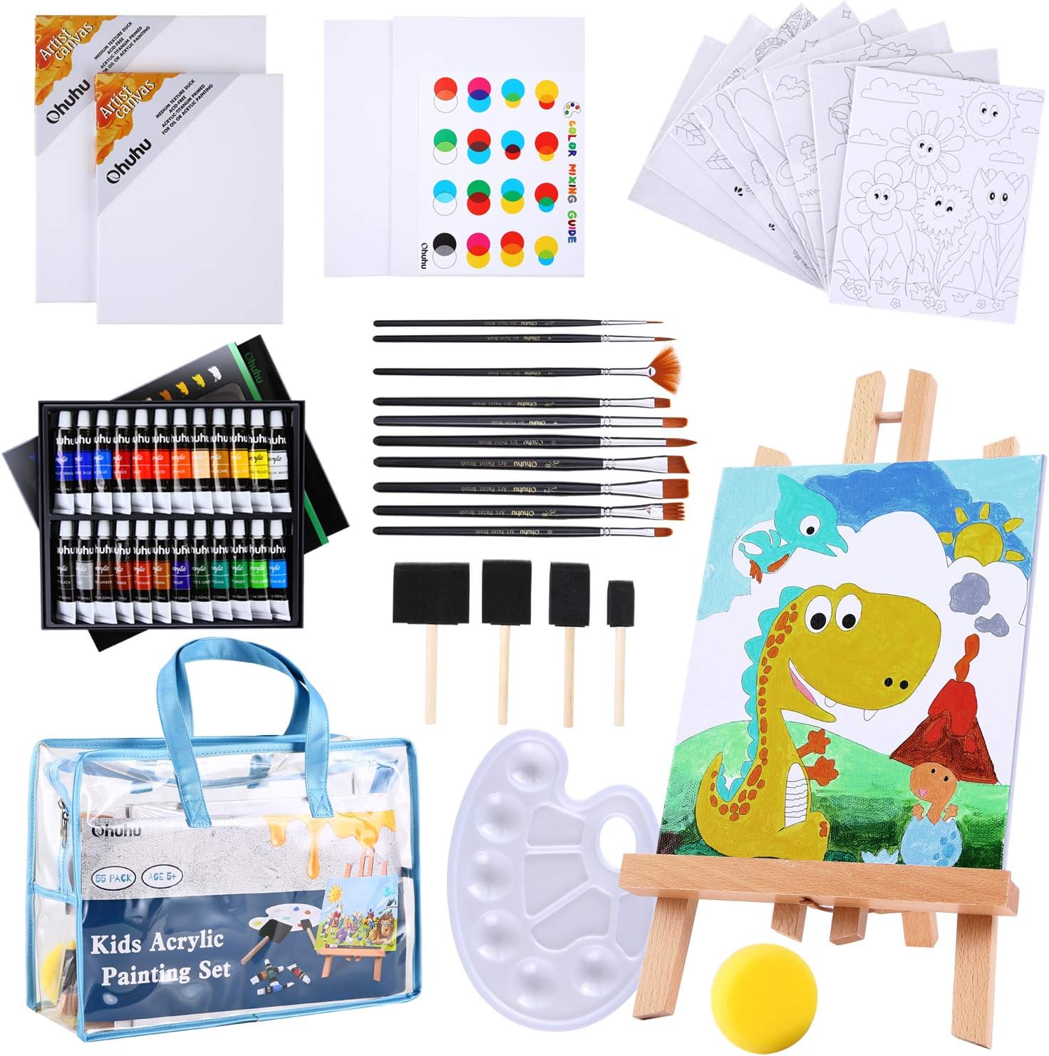 Artist Paint Set For Kids Adult Beginner: Ohuhu 55pcs Kids Art Set Paint Easel Includes 24 Non-Toxic Acrylic Paints - Table Top Easel - 10 Paint Brushes - 12 Pcs Canvas Mothers Art Supplies Gift Ideal