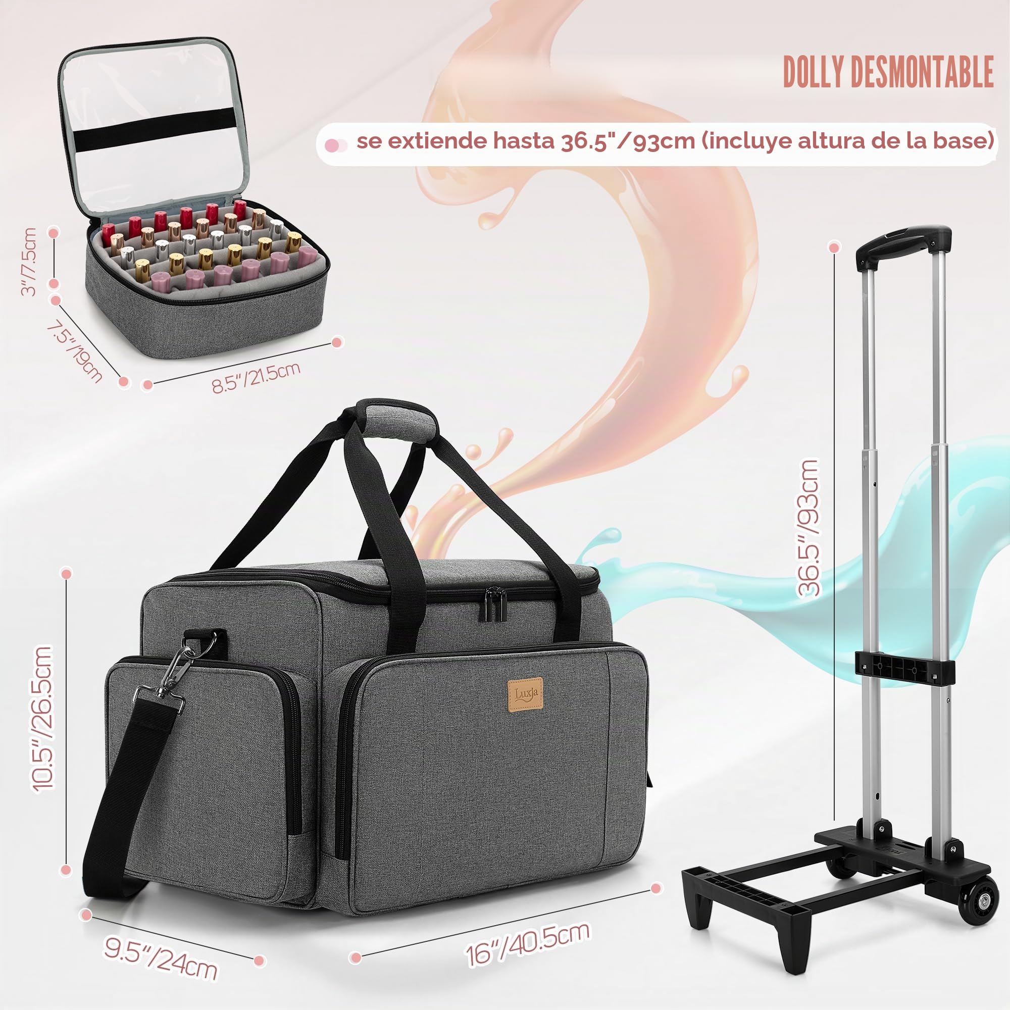 Luxja Organizador Esmaltes de Uñas con Ruedas para 90 Botellas y una Lámpara de Uñas, Bolsa para Esmalte de Uñas con Trolley Desmontable, Estuche Esmalte de Uñas (Solo Bolsa), Gris