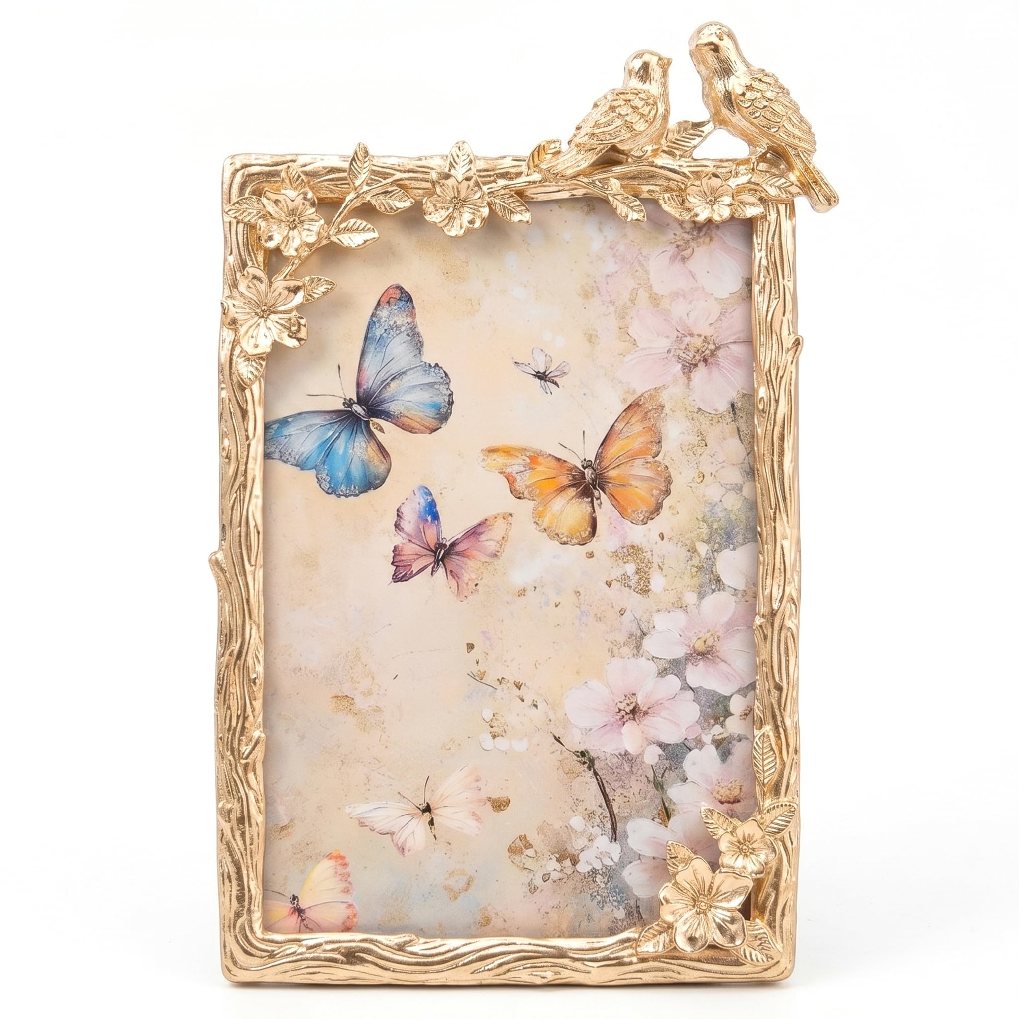 Ginwrek Wedding Picture Frame, 3d Light Gold Metal Frames With Bird & Floral Decor, Wedding picture frame, Light Gold, 5x7 Inch