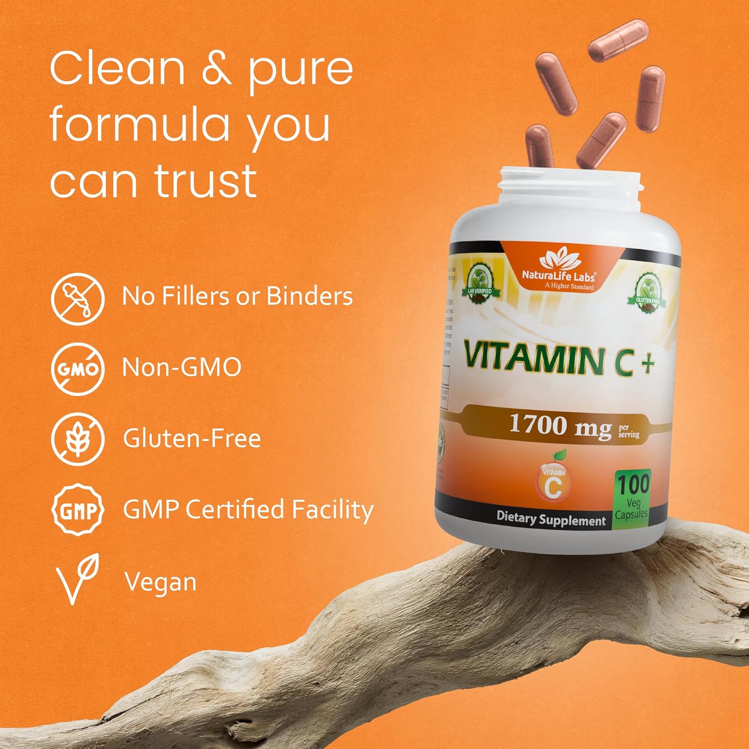 NaturaLife Labs Vitamin C with Vitamin D3, Zinc, Elderberry & Ginger Root – 1,700 mg per Serving – 100 Capsules, Vegan, Non-GMO, Gluten Free - Image 6