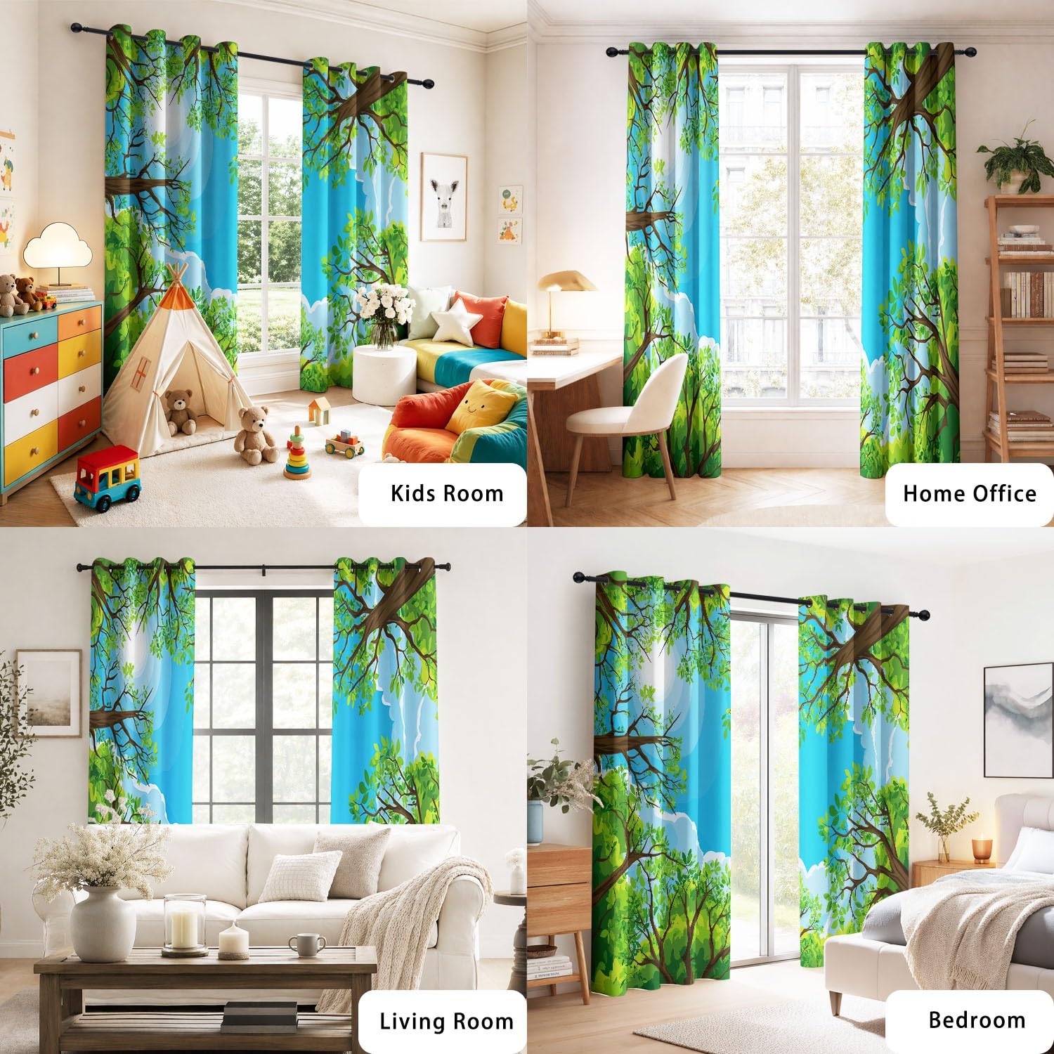 Lot de 2 Rideaux Occultants Canopée verte, Soleil blanc & Nuages duveteux | Isolant Thermique et Phonique - Style Esthétique moderne, Bleu ciel apaisant pour Chambre, Chambre de bébé, Espace détente