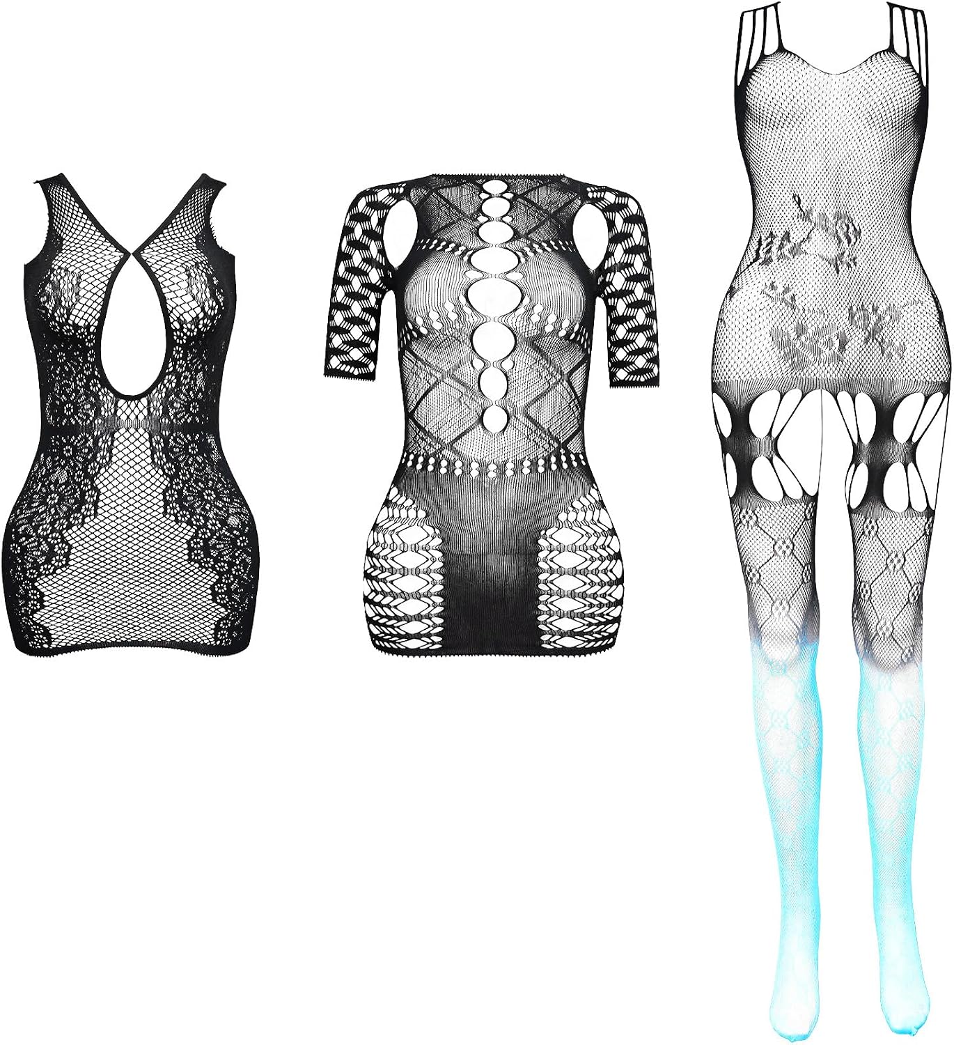 3 Pieces Womens Sexy Fishnet Bodystocking Crotchless Bodysuit Sheer High Elasticity Mesh Lingerie