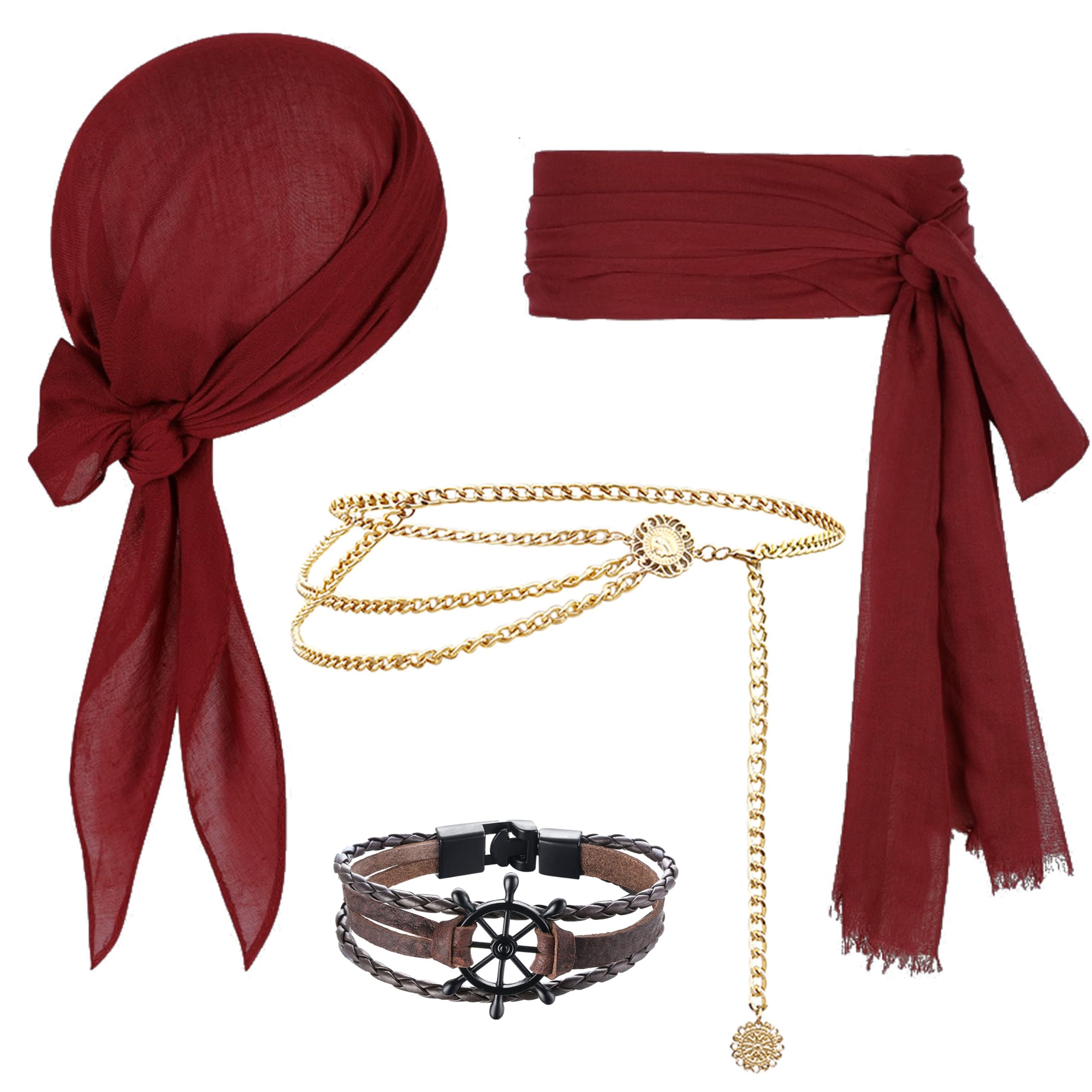 CATMEYE 4-Piece Pirate Costume Accessories Set for Adults, Skull Bandana, Belt