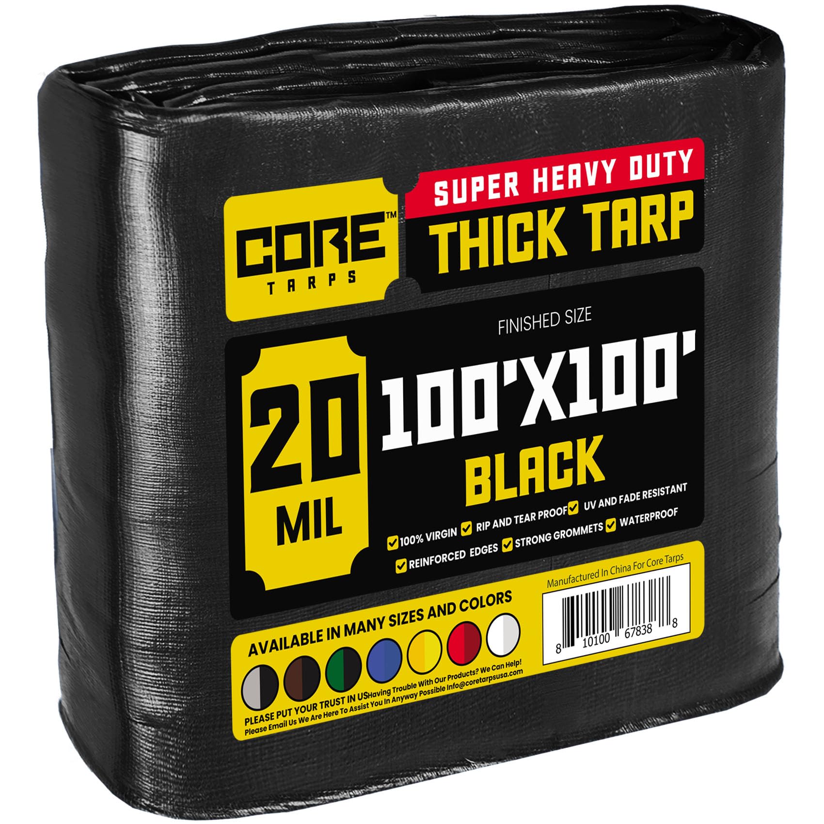 Core Tarps Extreme Heavy Duty 20 Mil Tarp Cover, Waterproof, UV Resistant, Rip and Tear Proof, Poly Tarpaulin with Reinforced Edges for Roof, Patio, Pool, Boat (Black 100′ X 100′)