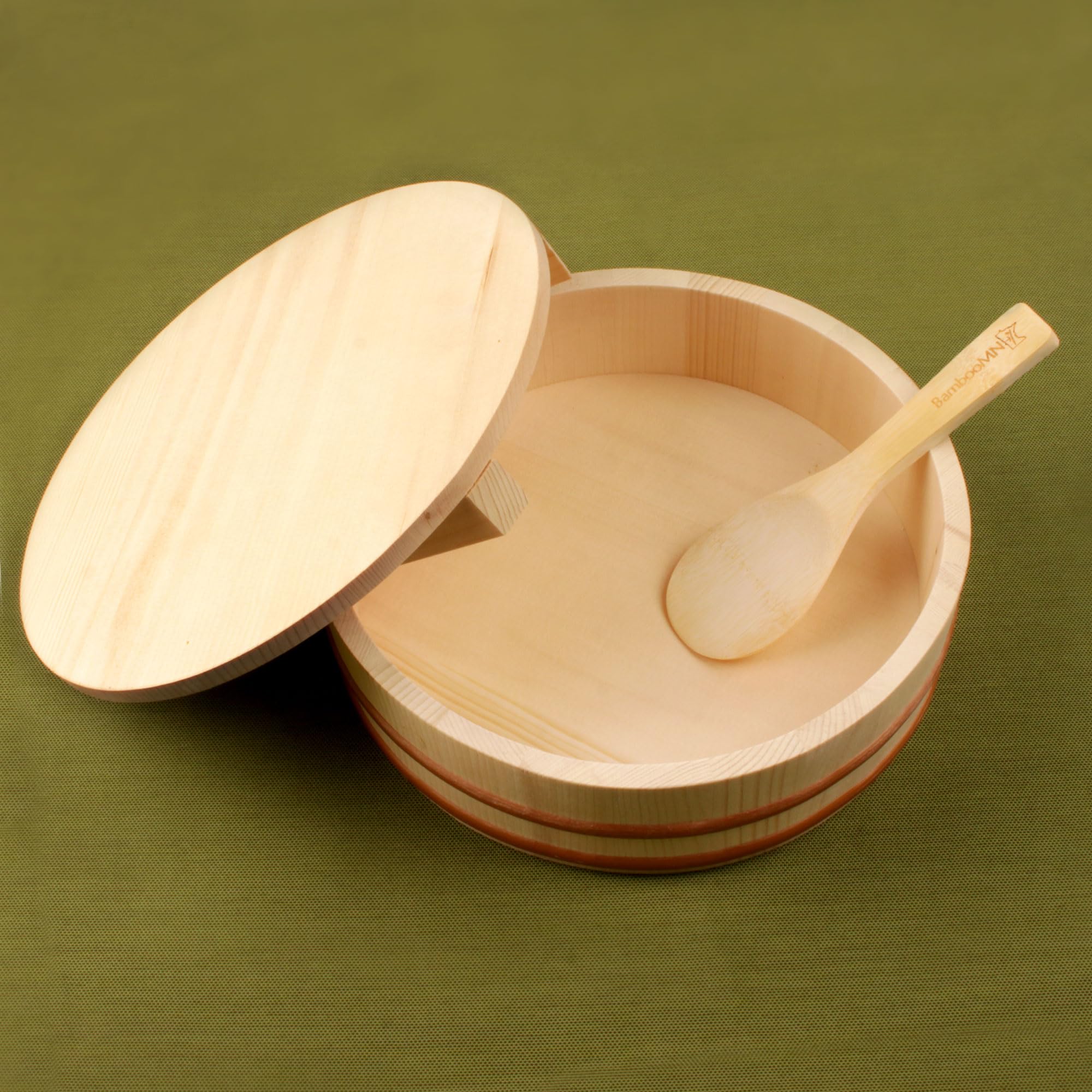 BambooMN, Hangiri-Schüssel mit Deckel für Sushi-Oke-Reiszubereitung, 1 Stück, holz, natur, 10.6-Inch