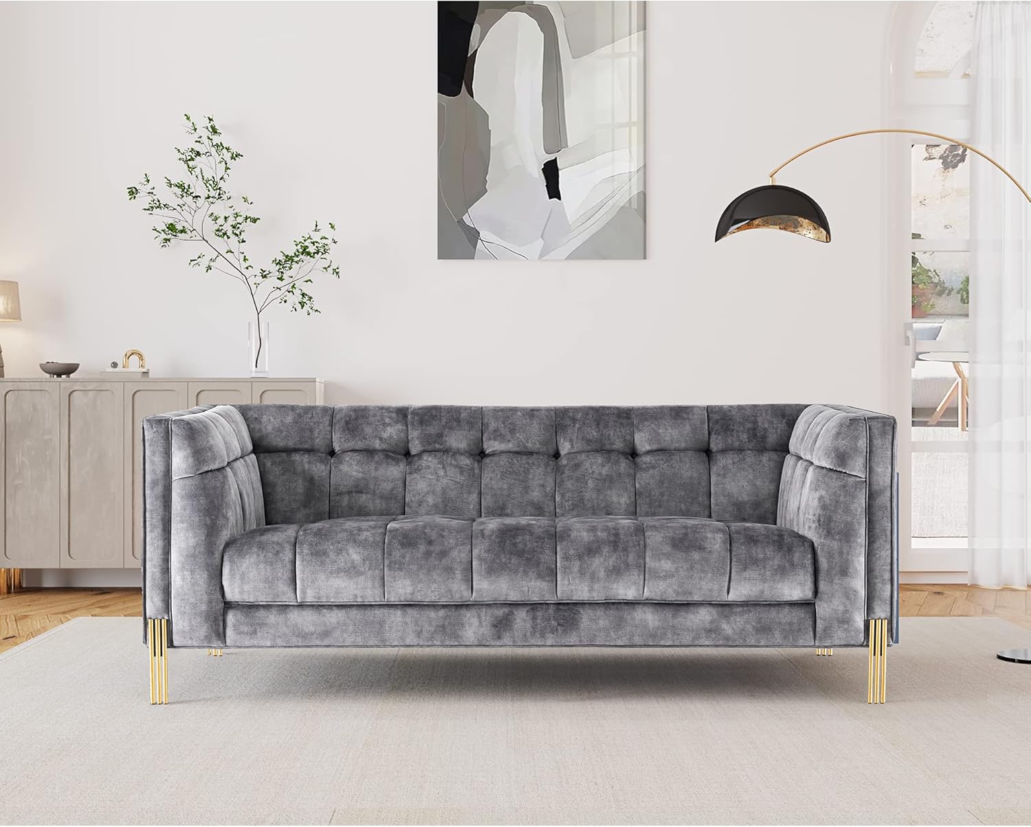 Acanva Luxury Modern Mid-Century Square Tufted Velvet Small Sofa for Living Room Bedroom Furniture, 74”W Loveseat, Deep Grey