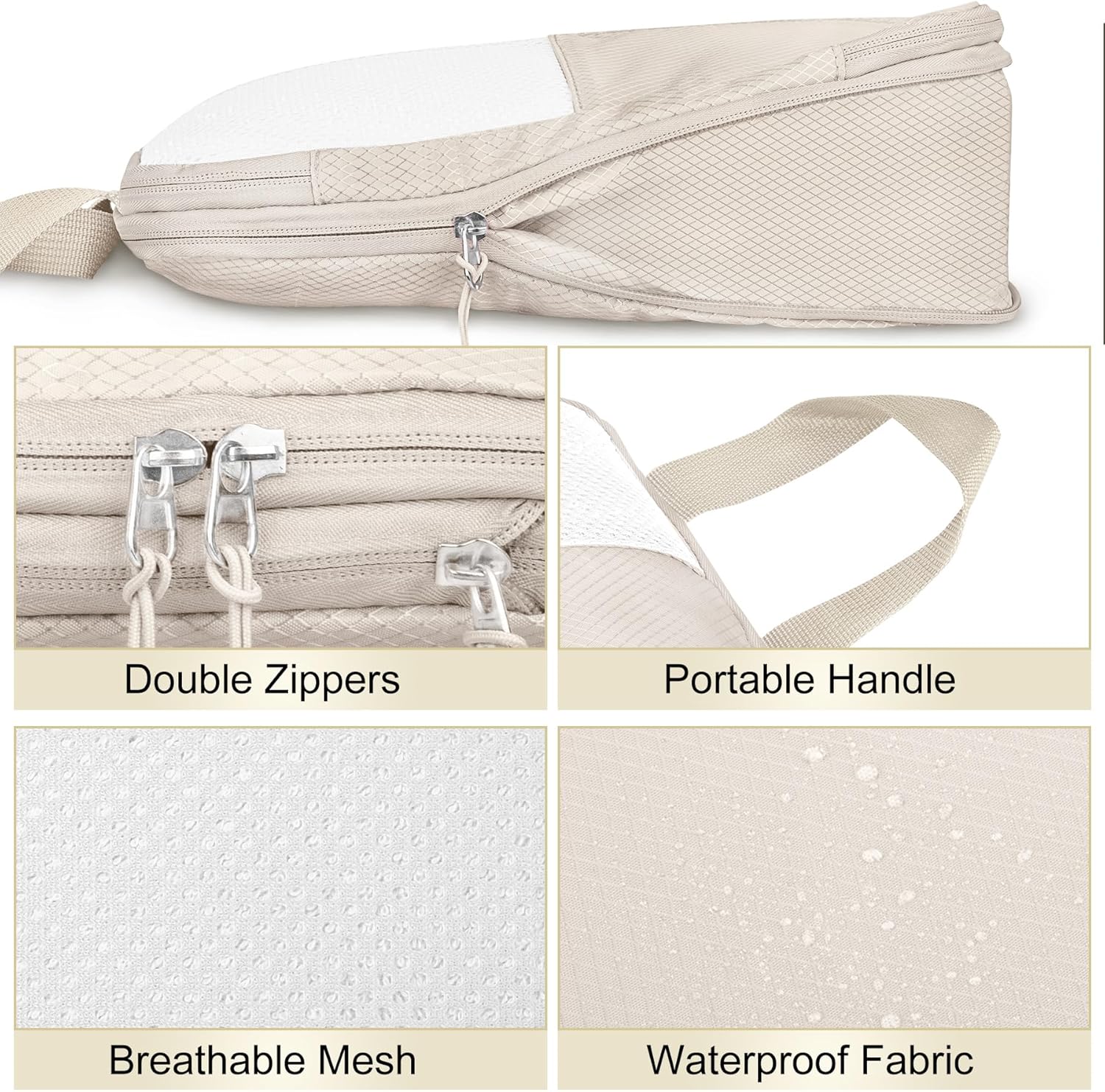 8 Set Compression Packing Cubes for Travel, Expandable Waterproof Travel Organizer, Lightweight Luggage Organizer with Shoes & Laundry Bags, Travel Accessories for Men Women, Beige - Image 5