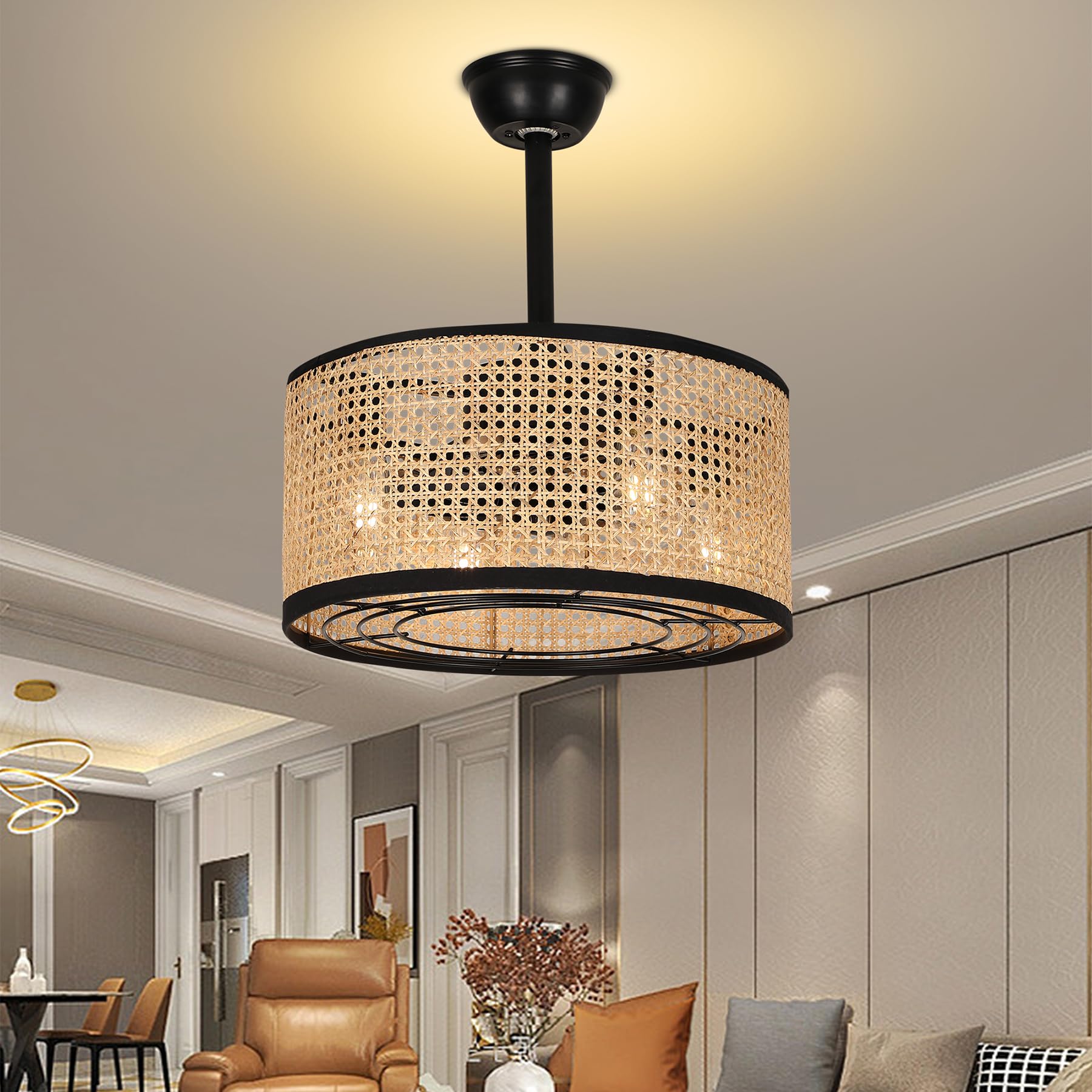 HXYSXHJUO Vinta Rattan Ceiling Fan Light with Remote 6-Speed DC Motor Quiet Timer Funct - Smart Reversible Farmhouse for Bedroom Dining Room & Living Space