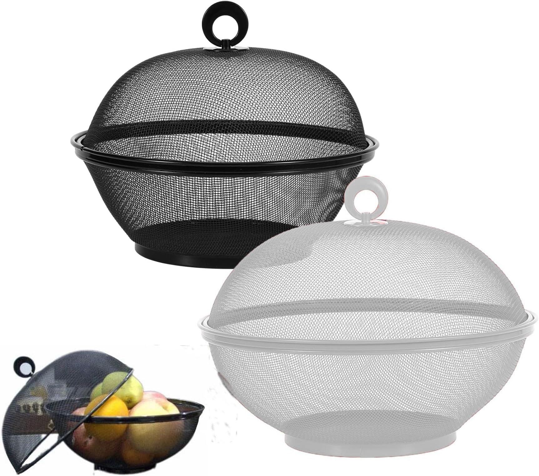 Mesh Wire Fruit Basket with Lid for Vegetables, Restaurant Kitchen Produce Containers Φ10.7" 2 Colors (White + Black) Total 2 Pack