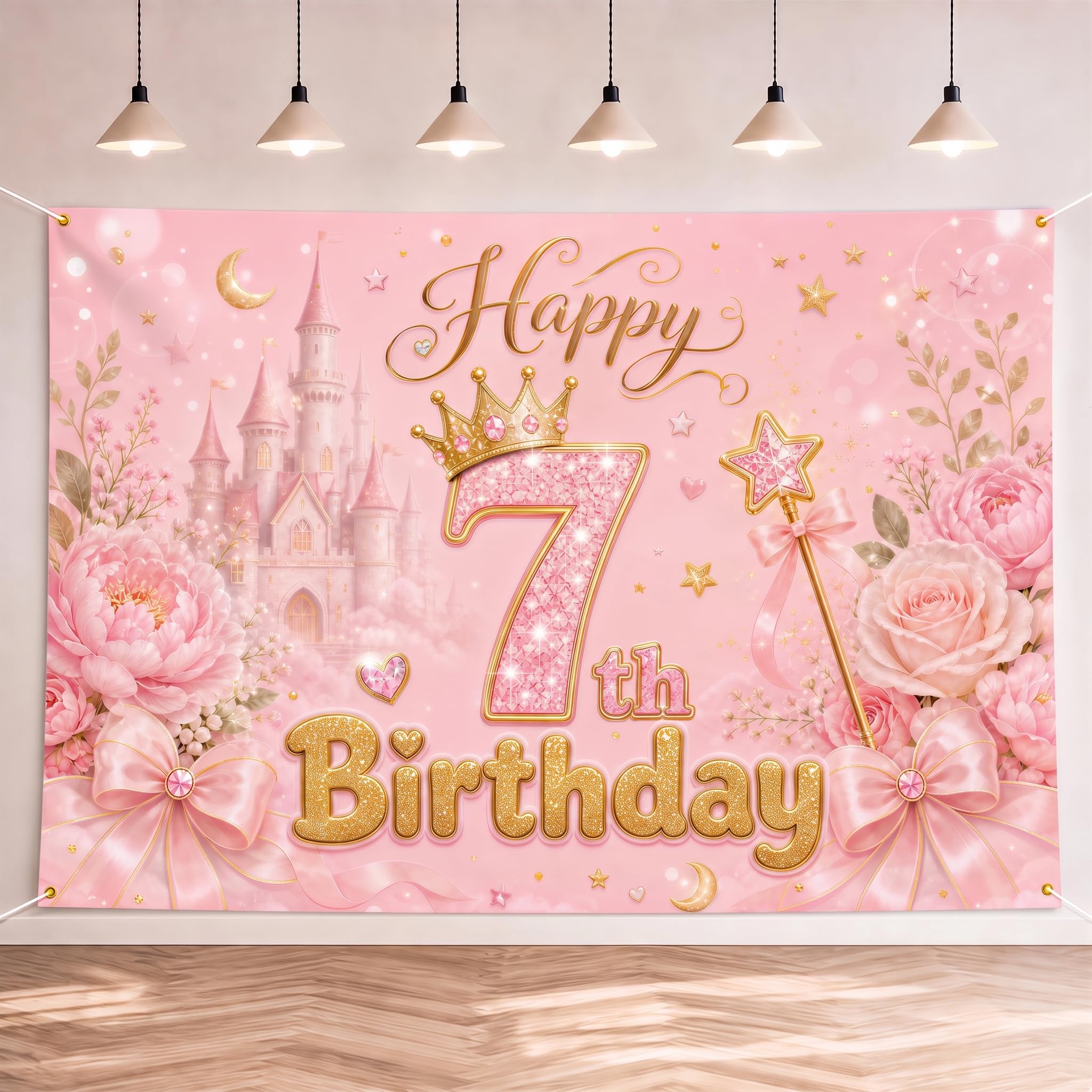 Geukmun Happy 7th Birthday Banner Backdrop for Girls Decorations 150x100cm