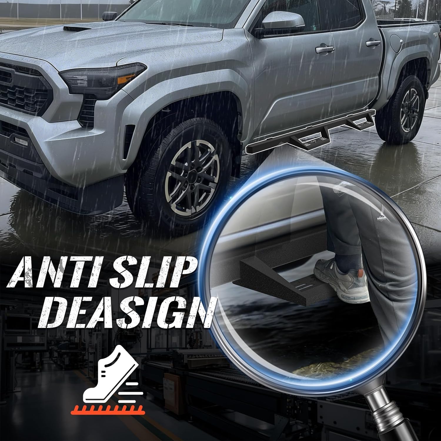 Running Boards Crew Cab Compatible with 2024 2025 2026 Toyota Tacoma Two Stairs Design Heavy-Duty Nerf Bars Step Bars Rock Sliders Rail
