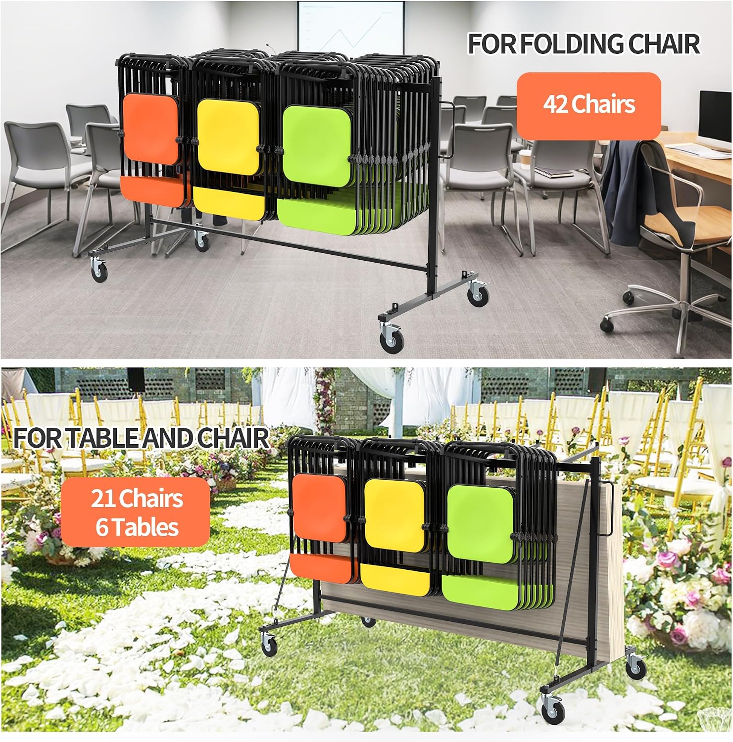 Folding Chair Rack Table and Chairs Storage Cart 400 LBS Capacity Heavy Duty Steel Mobile Dolly, 42 Chairs or 12 Tables Folding Chair on Wheels Storage Rack with Dust Cover & Elastic Cords