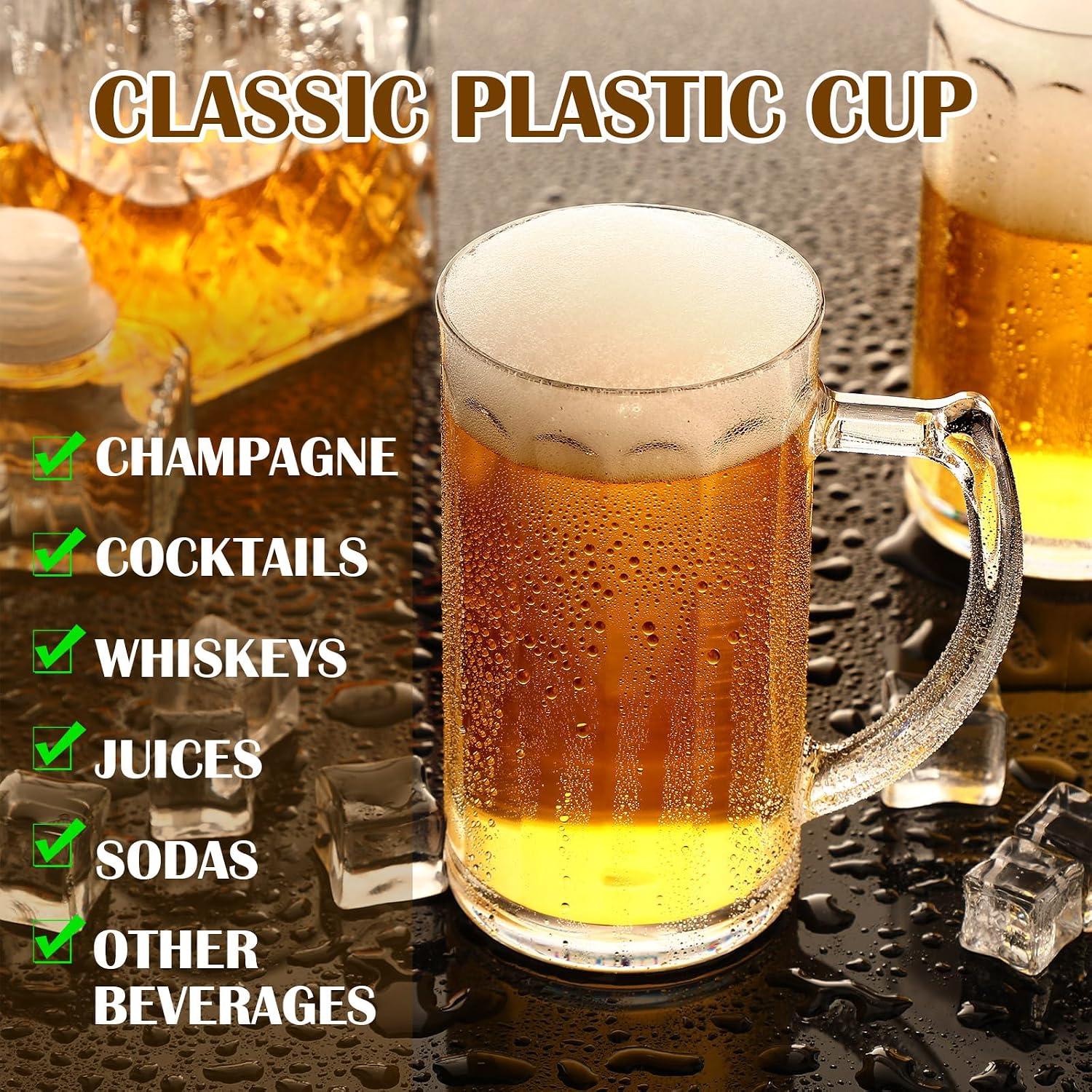 Domensi 6 Pcs 12 oz Clear Plastic Beer Mugs with Handles