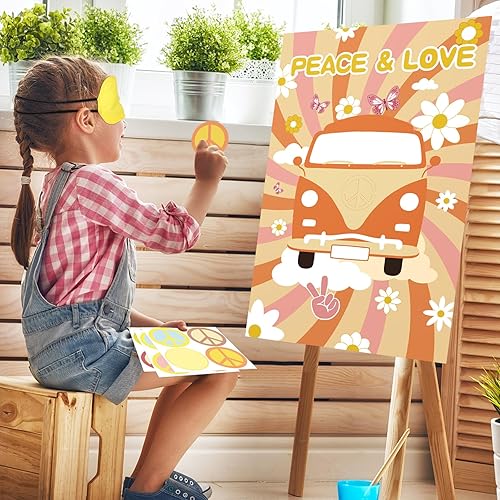 Miniatura 3 de Pin the Peace Sign On The Hippie Van con 32 calcomanías de letrero grandes, Groovy Hippie, juegos de fiesta, póster para niños, Groovy fiesta de