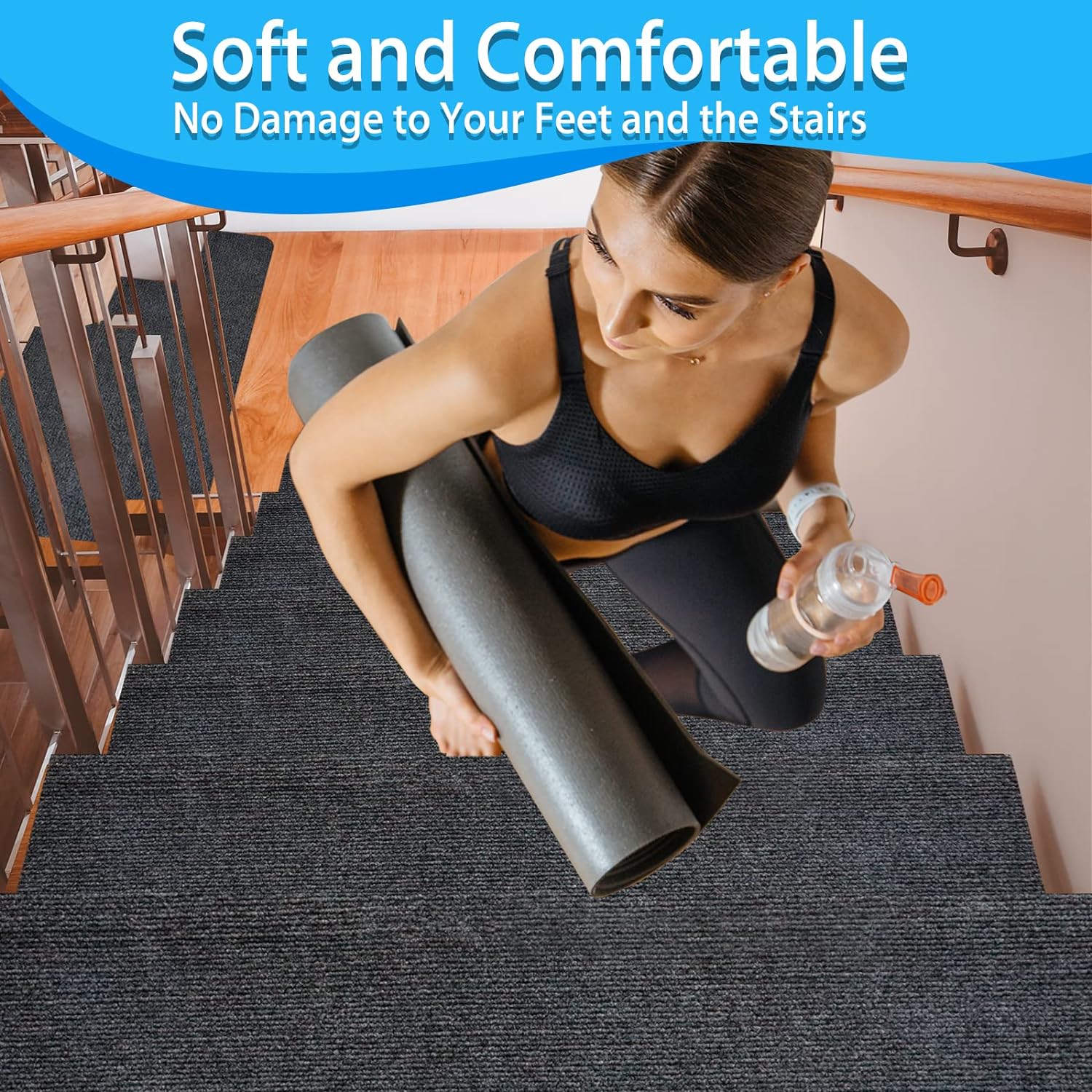 Bullnose 9"X36" Self-Adhesive Stair Treads Carpet Non-Slip and Perfect for Indoor Wooden Steps, Washable and Removable Stair Rugs for Elders and Dogs, Set of 15, Dark Grey