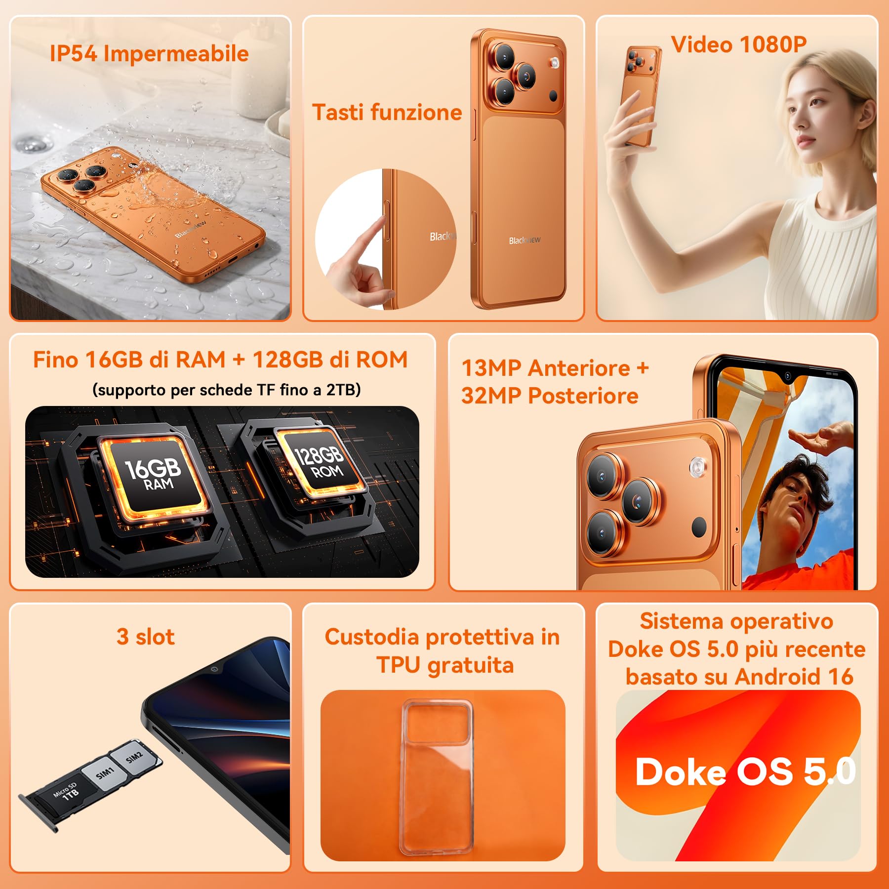Blackview WAVE 7C Android 16 Smartphone Offerta, 32MP+13MP, 16GB+128GB | 6.56" Cellulare in Offerta TF 2TB, 5000mAh, 4G Cellulari Dual SIM WiFi 5G, 3.5mm/FM/IP54/3 Slot Per Carte/3 Anni Garanzia