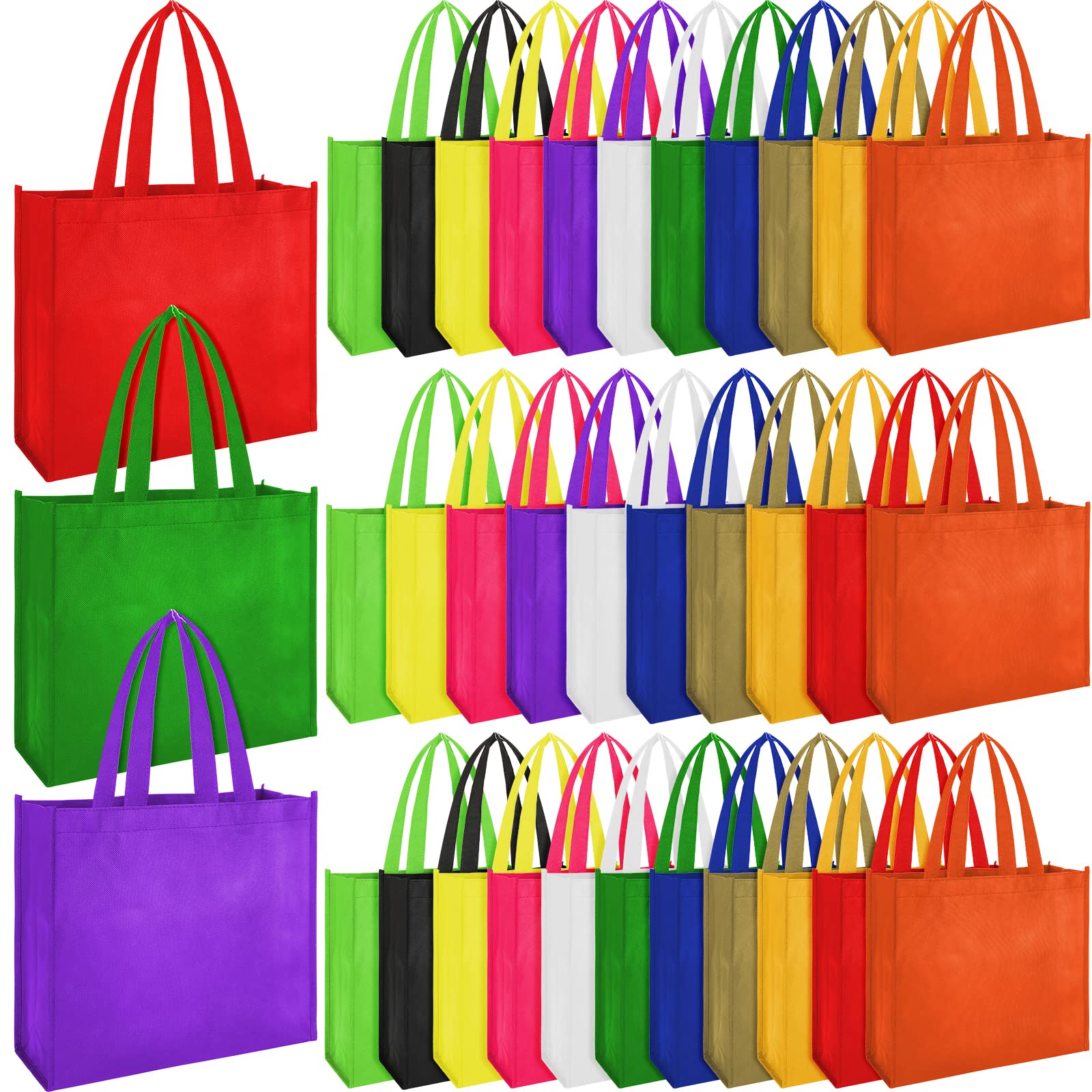 Boao 24 Pack Non Woven Tote Bags Reusable Gift 12 Colors Multi Color Grocery Goodie Bags 13 x 11 Inch Party Treat Bag with Handles for Parties,