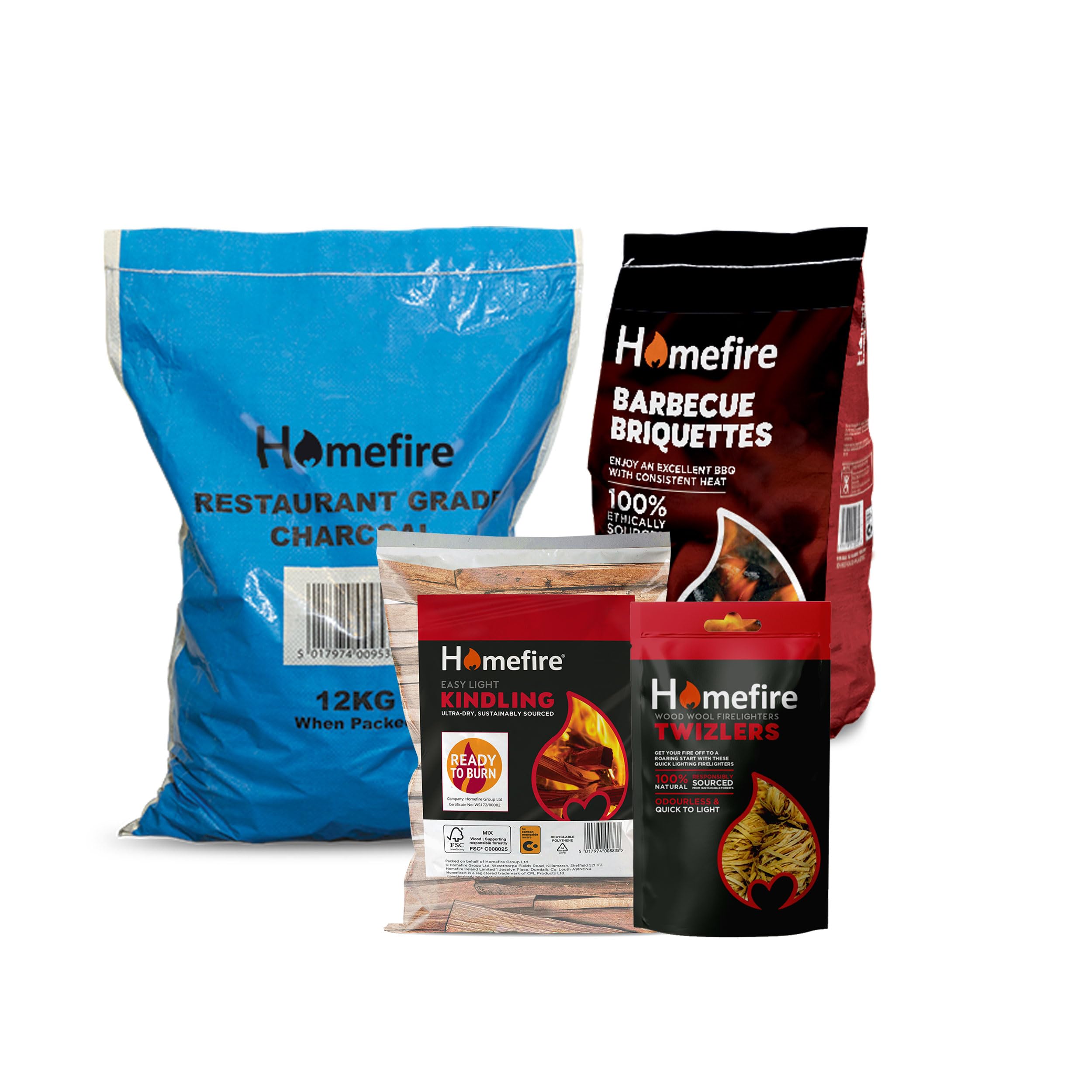 Homefire BBQ Bundle - Restaurant Charcoal 12kg, BBQ Briquettes 4kg, Mini Kindling 720g, Twizlers Natural Firelighters 300g - Perfect for Grills, BBQs, and Outdoor Cooking