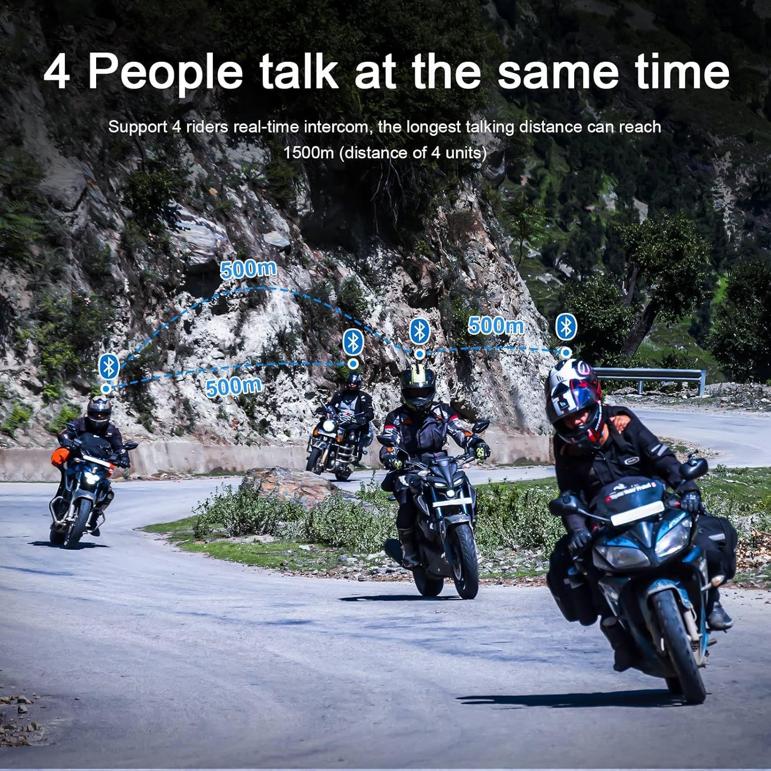 V4 Plus - Intercomunicador de auriculares Bluetooth para motocicleta, sistema de comunicación de 4 vías, resistente al agua, 1500 m, con asistente de voz, cancelación de ruido, FM (2