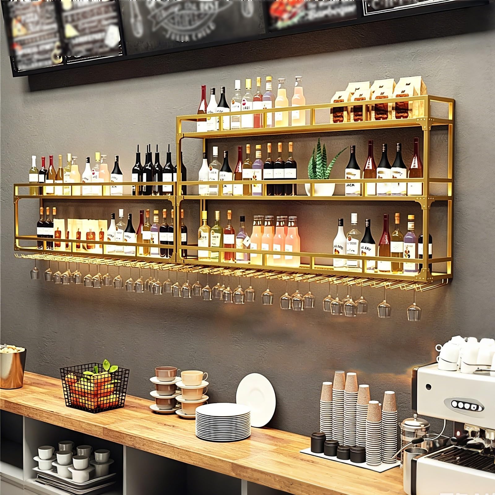 Regał na Wino Montowany na Ścianie z Paskiem LED Pogrubiona Rama Żelazna | Montowany na Ścianie Stojak na Wino, Lakierowanie Wysokotemperaturowe, do Salonu, Domu, Baru, Piwnicy(Gold,100x25x90cm)
