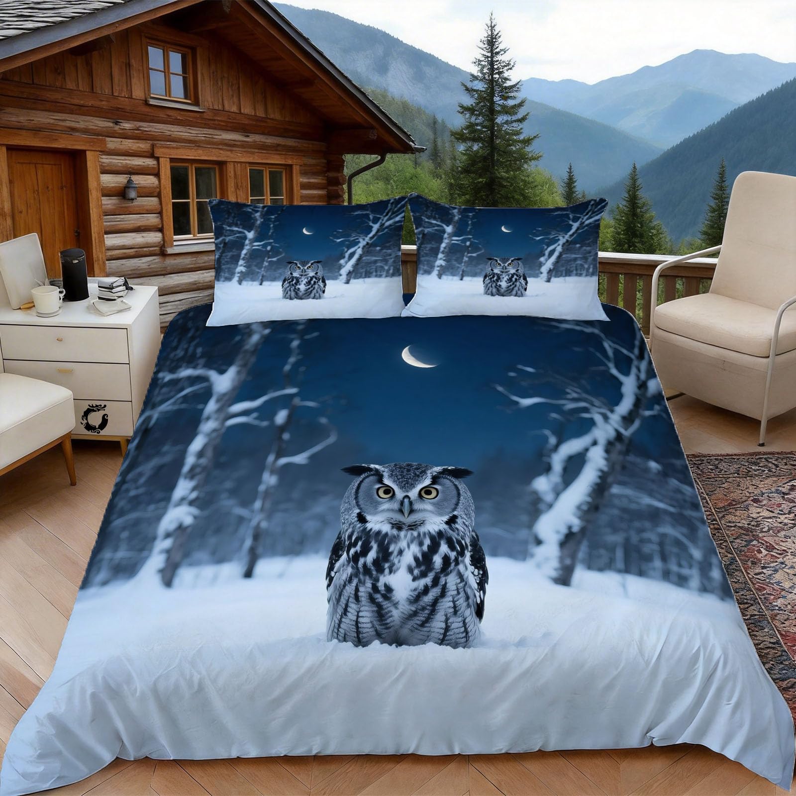 Housse de couette 140x200 microfibre imprimé hibou lune avec fermeture éclair