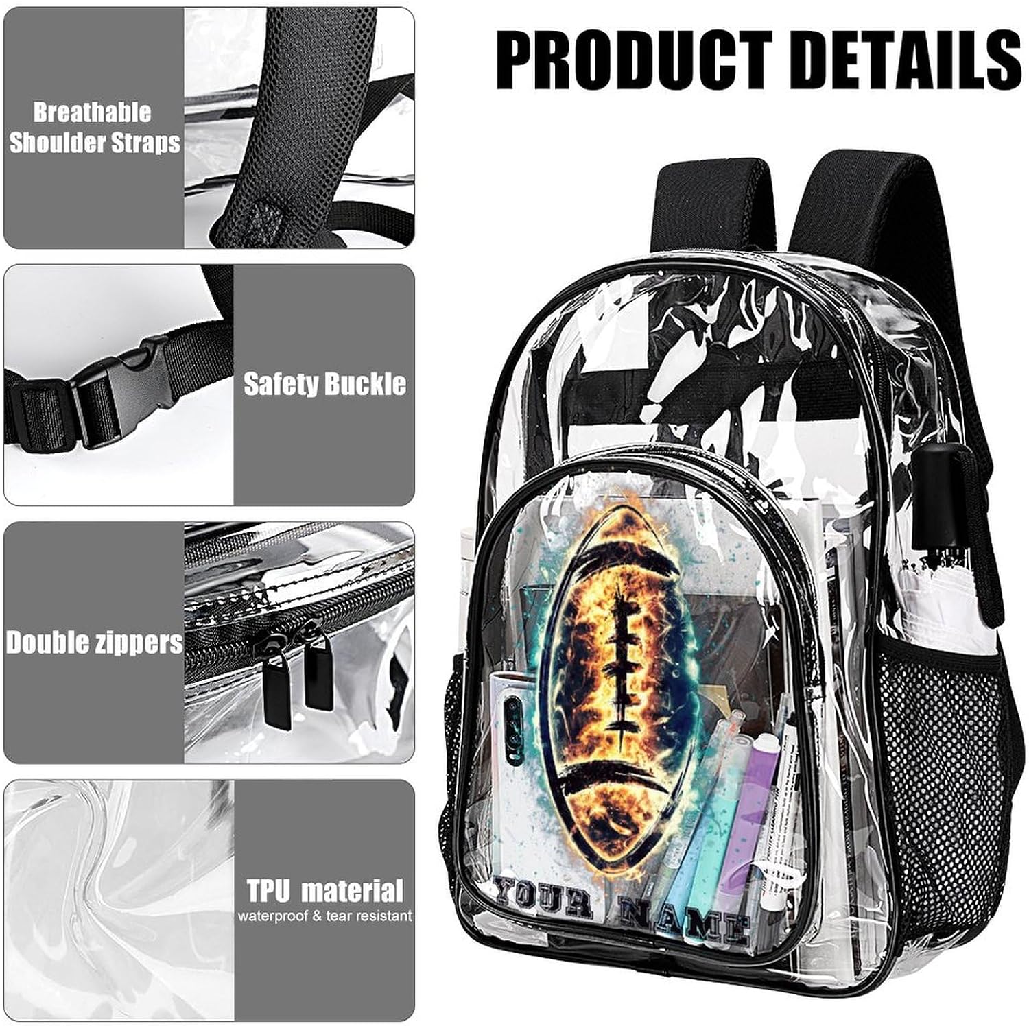 Custom Football Clear Backpack Heavy Duty for Girls Kids Boys Women Men - Large Cute PVC Footballs Theme Printing Transparent Backpacks for Schools Stadium Concerts Work - Clear/Black