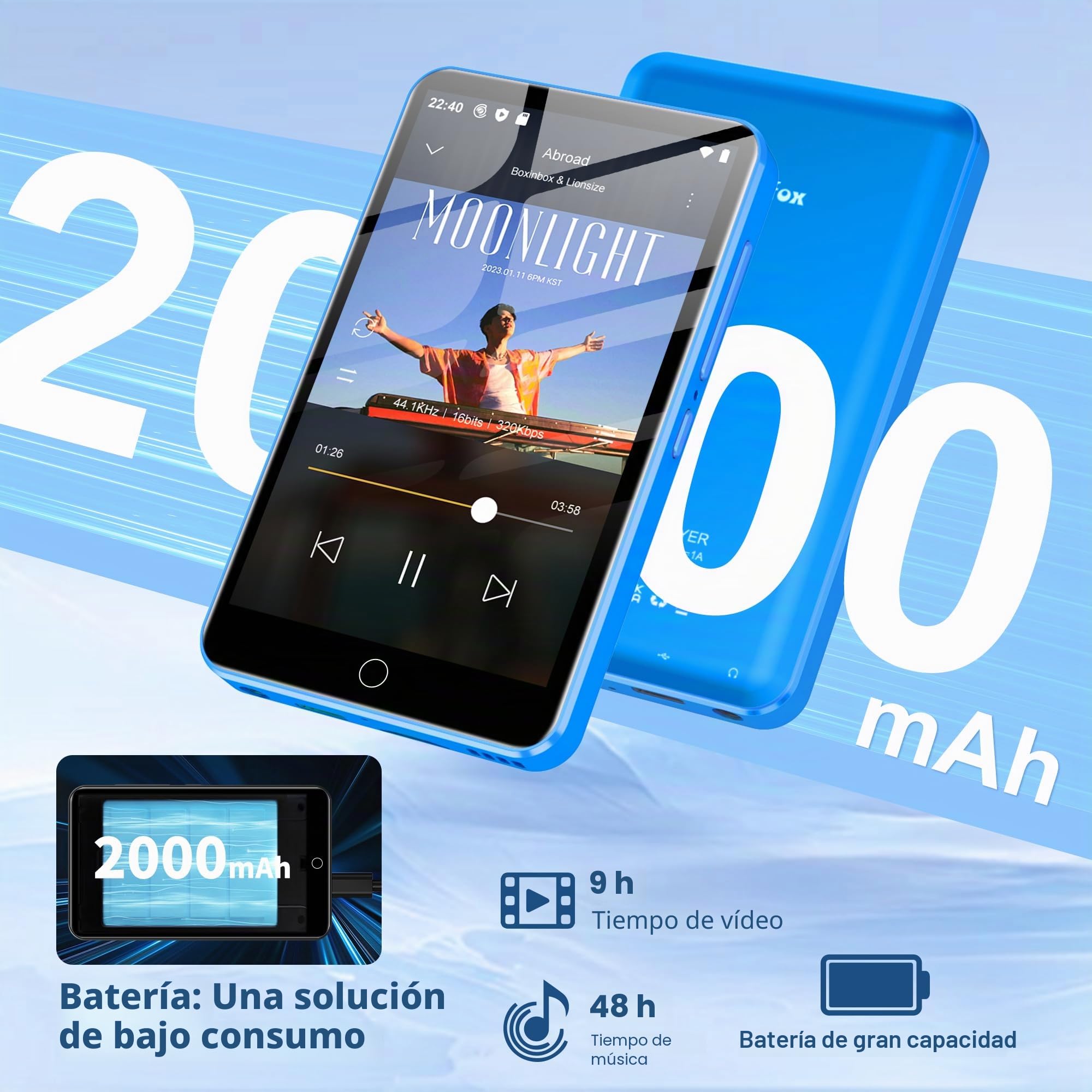 Reproductor MP3 Diofox de 80GB con Bluetooth y Wi-Fi, Reproductor MP3 Android Spotify, Amazon Music, Audible, Pantalla Táctil de 4 Pulgadas, Música en Streaming, Play Store, Radio FM, Deezer - Azul