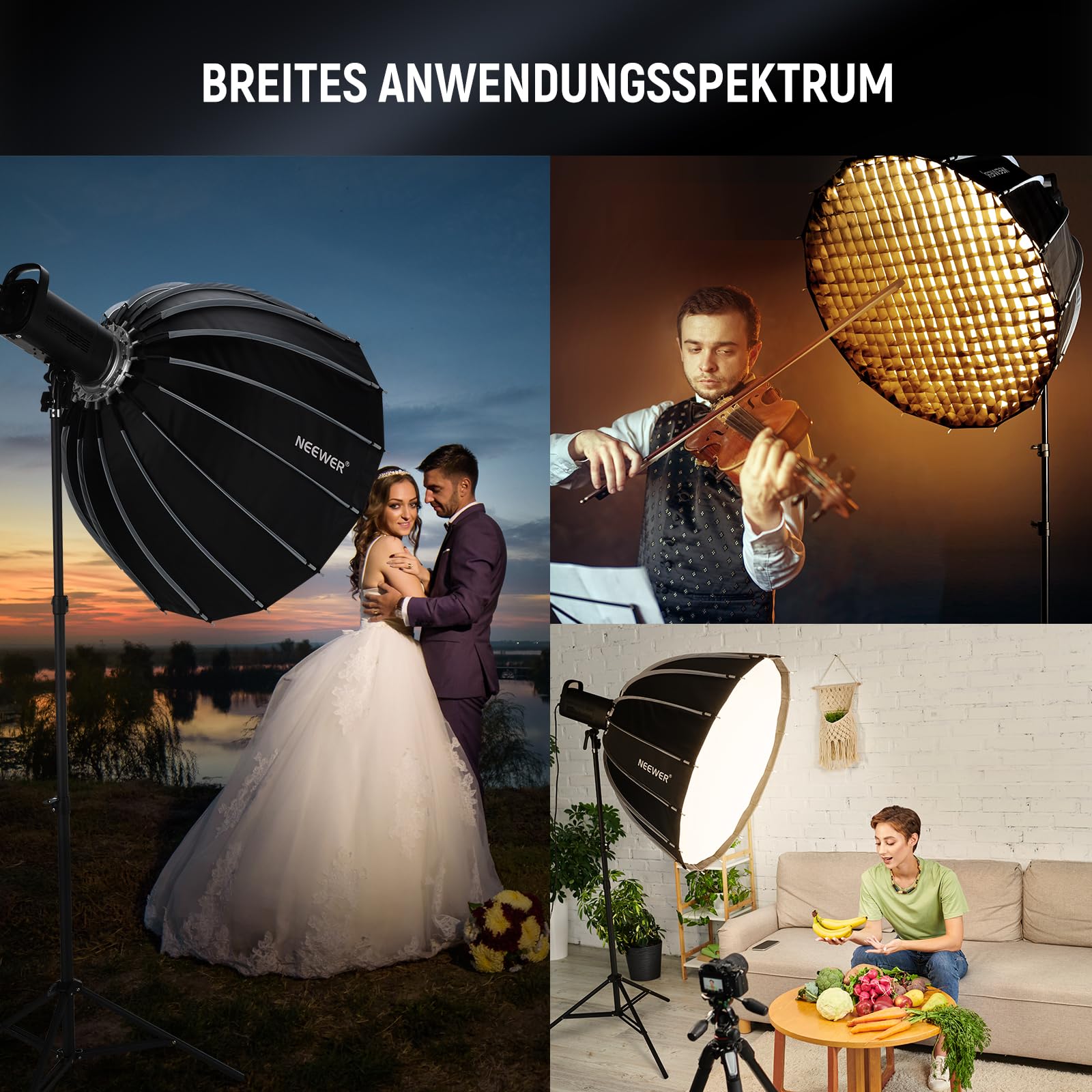 NEEWER Basics Parabolische Softbox Set, 47" Schnellverschluss Bowens Mount Softboxen mit Lichtdiffusoren Kompatibel mit Godox Kompatibel mit Aputure 600d Studio Videoaufzeichnung Beleuchtung, NS39P